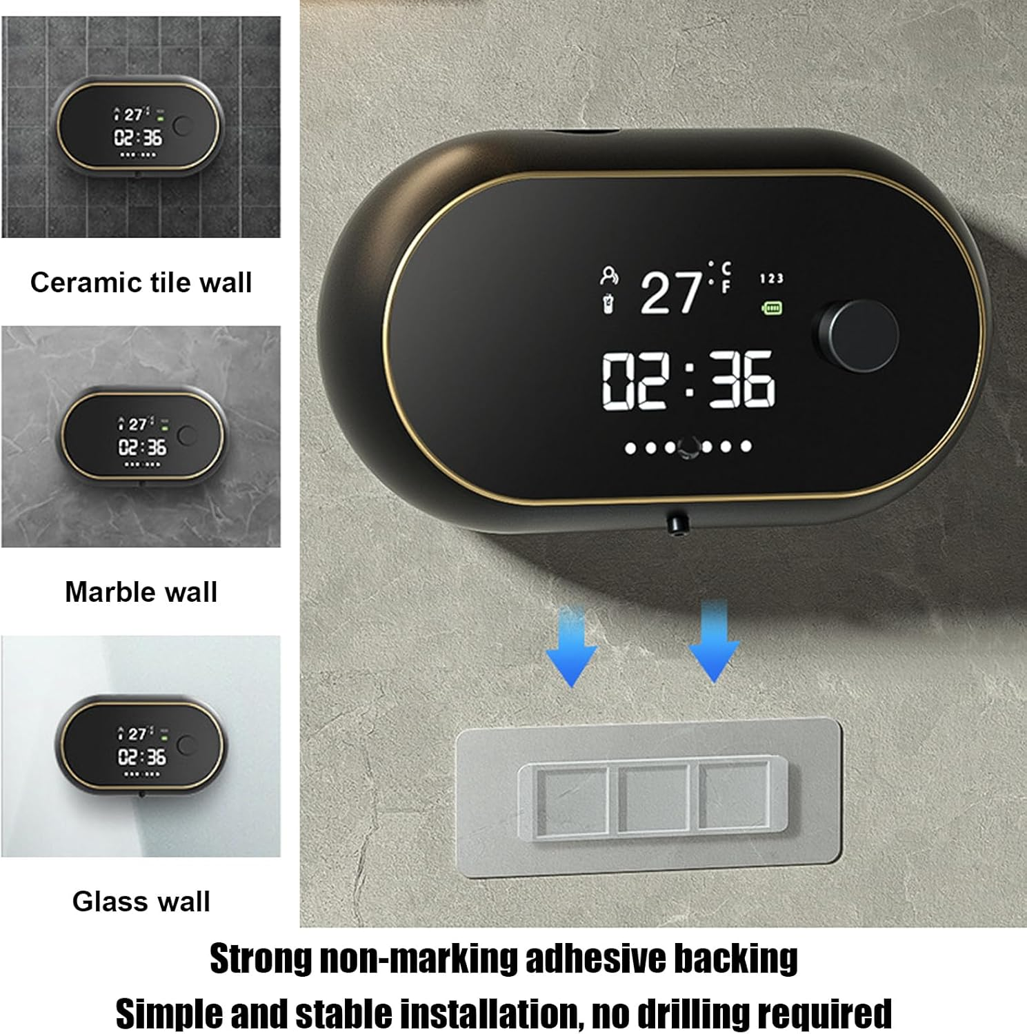 Ein schwarzes Digitaldisplay mit Temperatur und Uhrzeit ist an einer Wand montiert. Es hat einen goldenen Rahmen und befindet sich neben einem Montagepad.