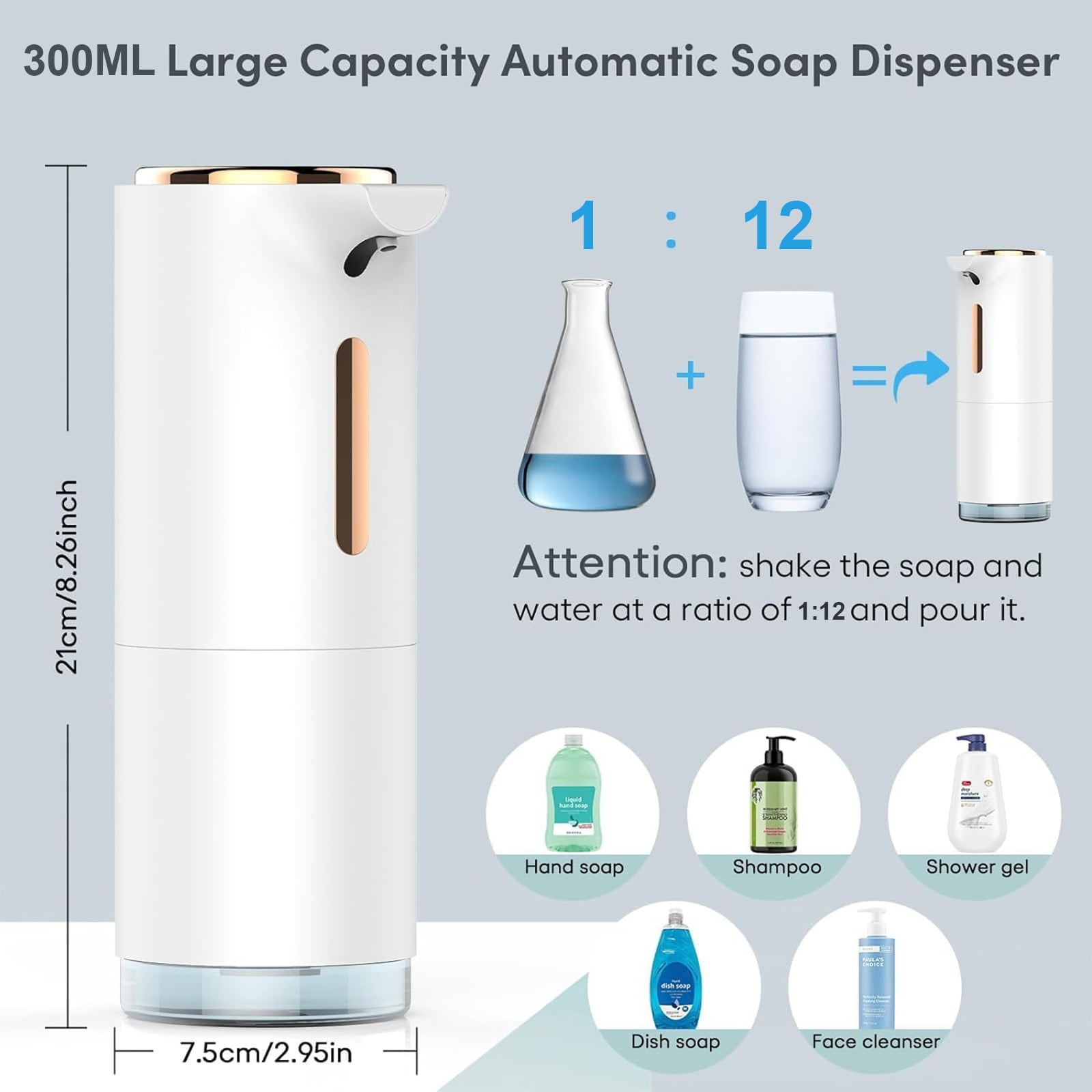 Weißer automatischer Seifenspender mit Anweisungen. Zeigt ein Verhältnis von 1:12 für Seife und Wasser. Auch Handseife, Shampoo, Duschgel, Spülmittel und Gesichtsreiniger.