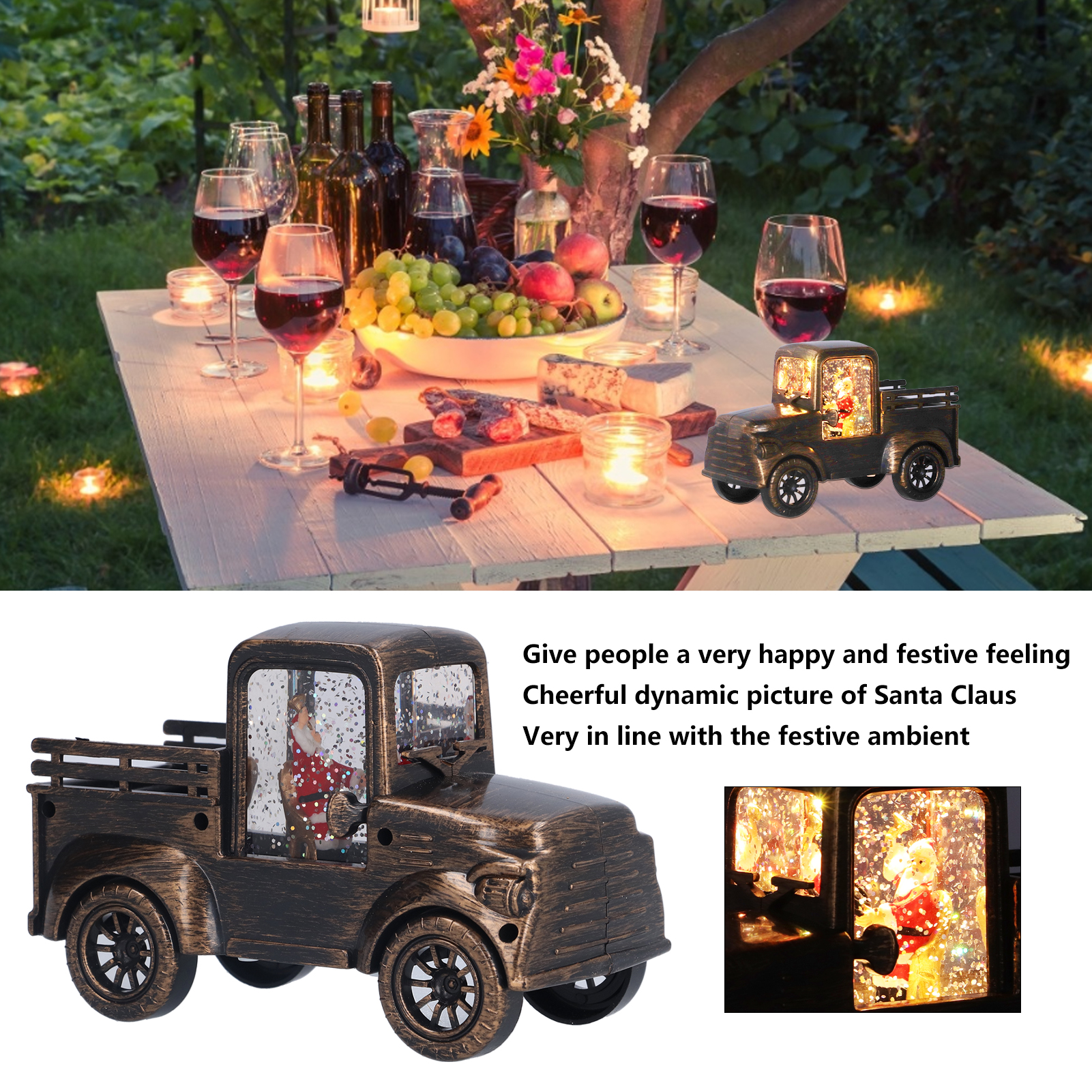 Ein Tisch mit Weingläsern, Essen und einem LKW-Weihnachtsdekor.