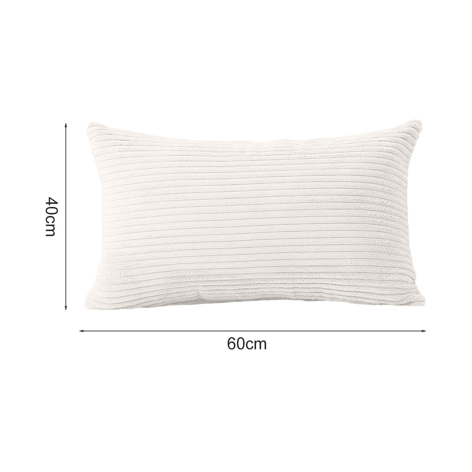 Ein cremefarbenes rechteckiges Kissen, 60 cm breit und 40 cm hoch, mit horizontaler Rippenstruktur. Maße sind beschriftet.
