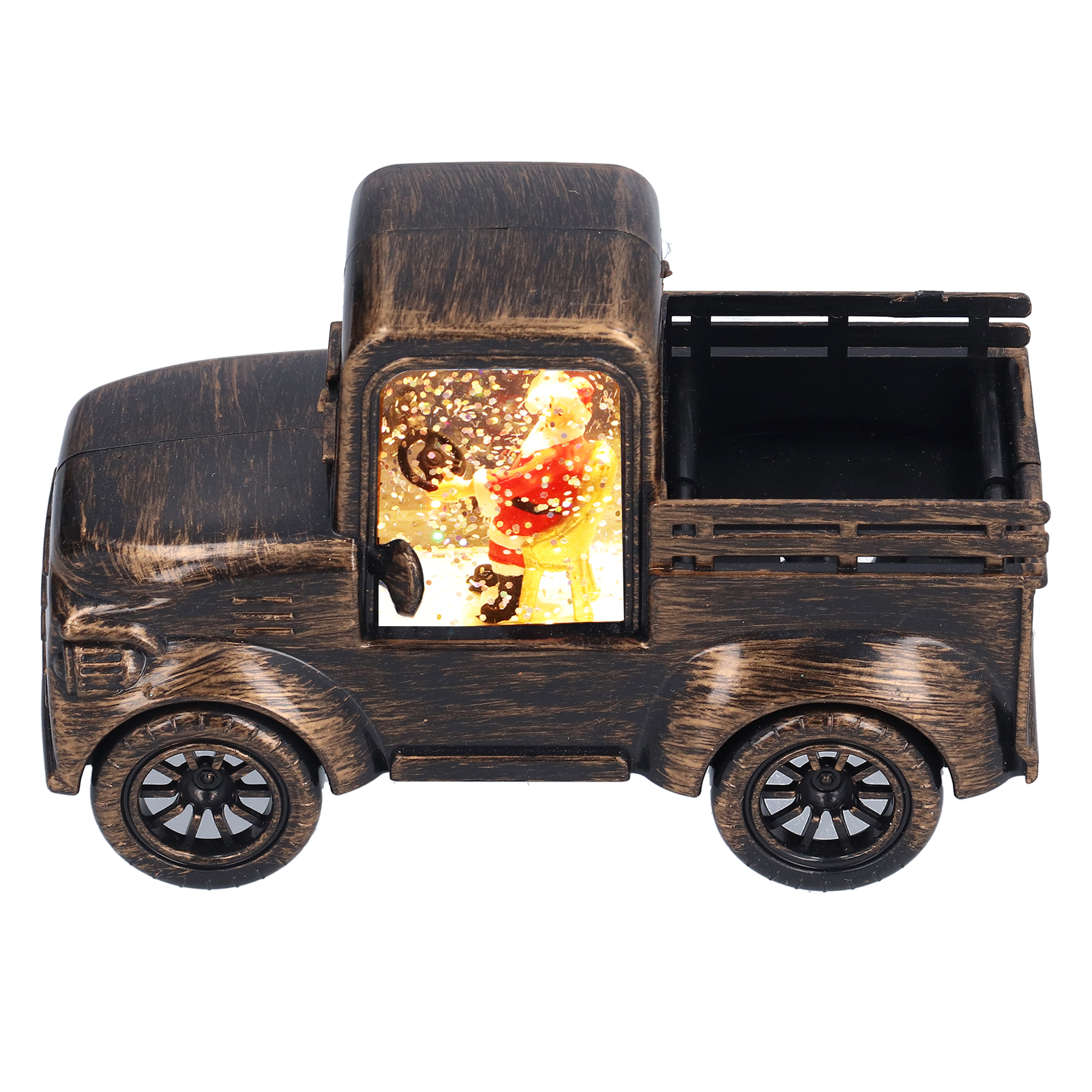 Ein bronzefarbener LKW mit einer Weihnachtsszene im Fenster. Der LKW hat vier Räder und eine Ladefläche.