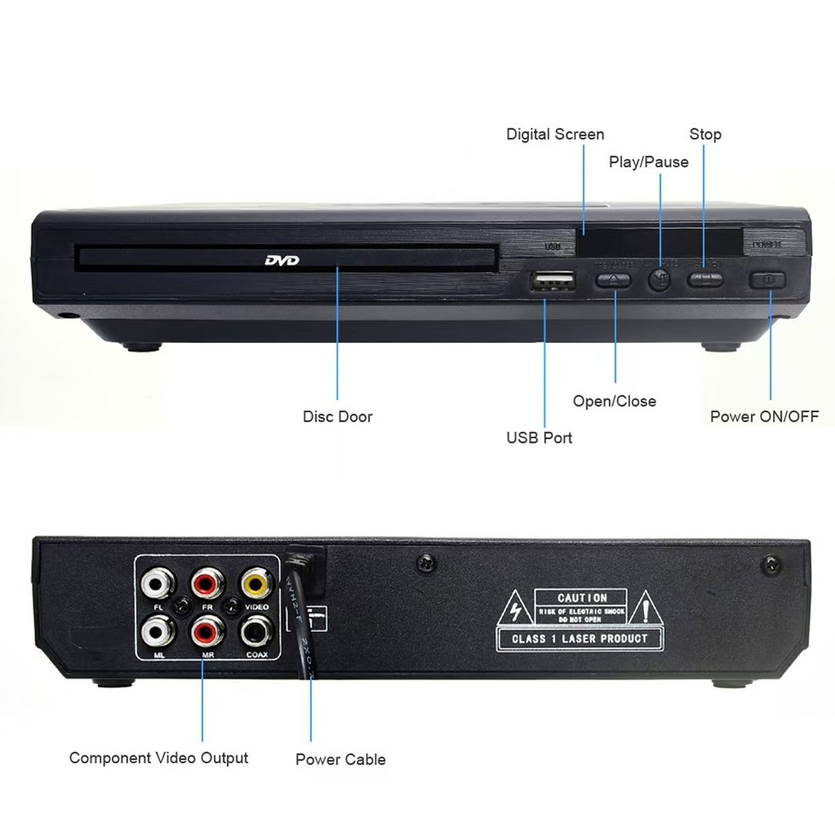 Ein schwarzer DVD-Player mit beschrifteten Funktionen wie Disc-Tür, USB-Anschluss und Ein-/Aus-Taste sowie Rückseite mit Komponenten-Videoausgang.