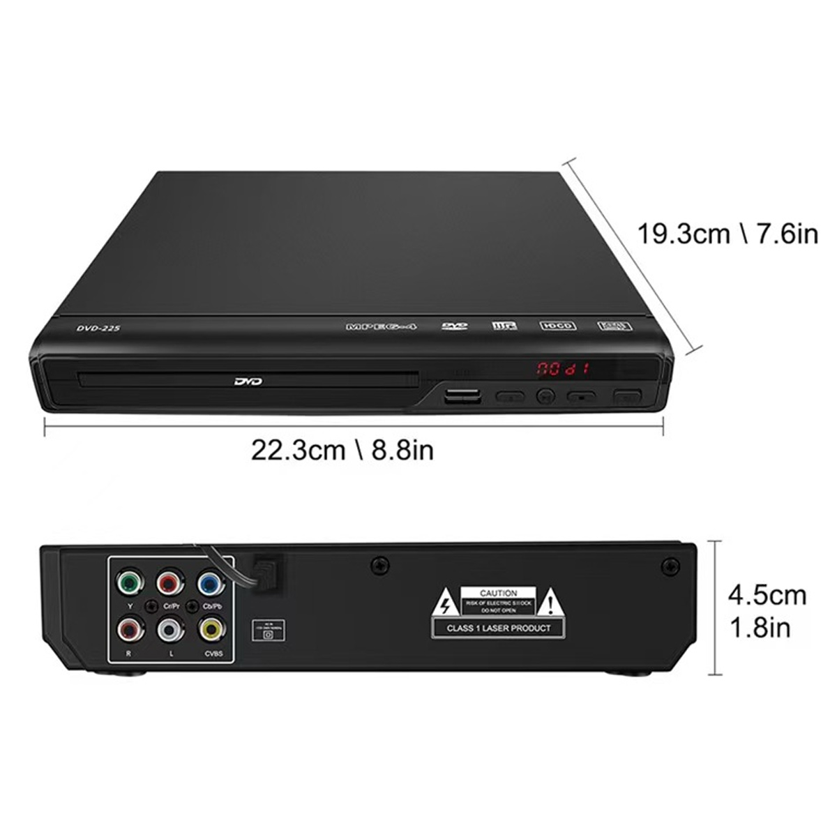 Ein schwarzer DVD-Player mit Maßangaben. Er hat eine Frontplatte mit Knöpfen und ein Disc-Fach. Die Rückseite hat Anschlüsse und Warnhinweise.