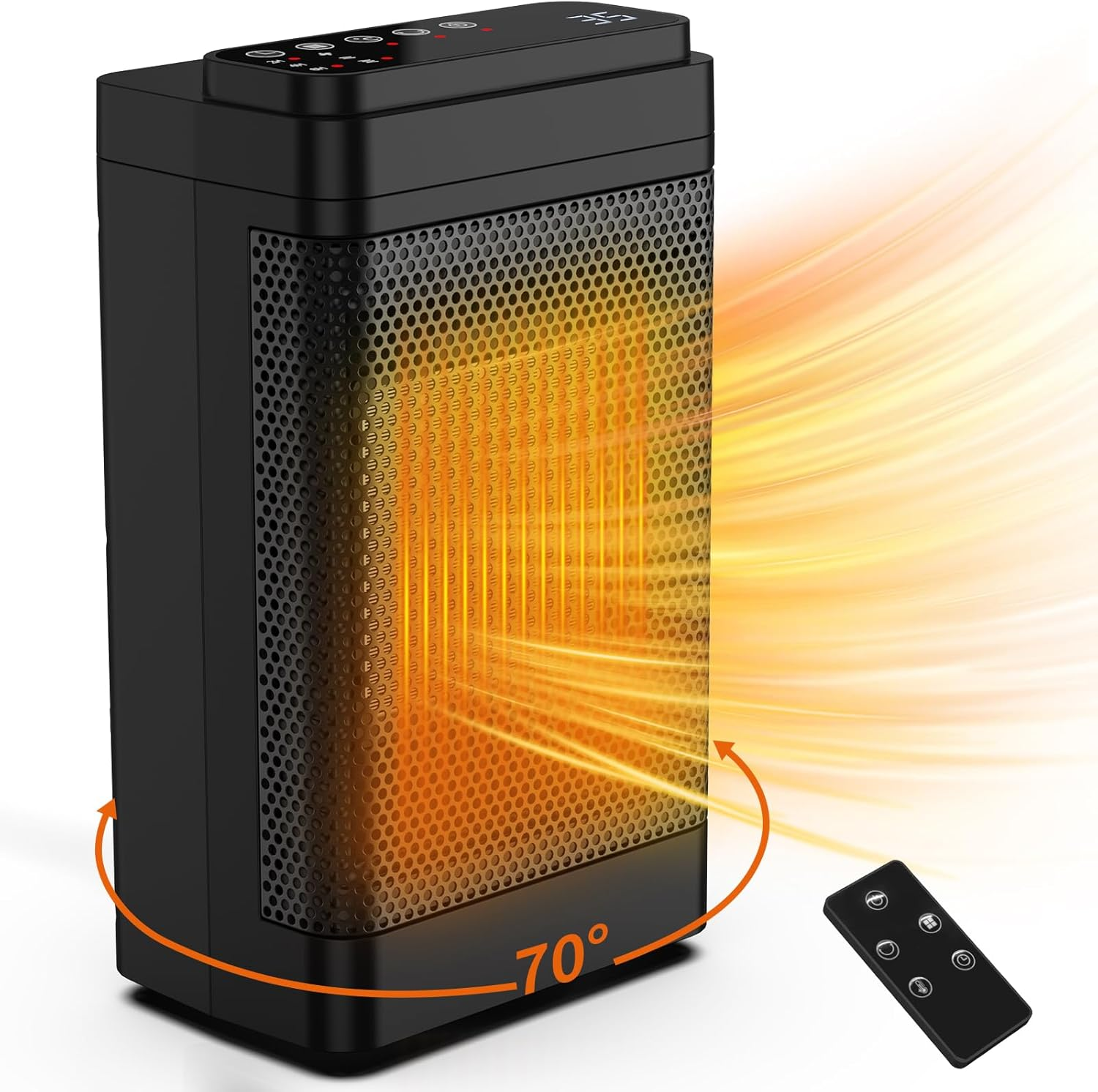 Schwarzer Heizlüfter mit Gitterfront, orangefarbenem Glühen, 70-Grad-Rotationsanzeige und Fernbedienung. Weißer Hintergrund.