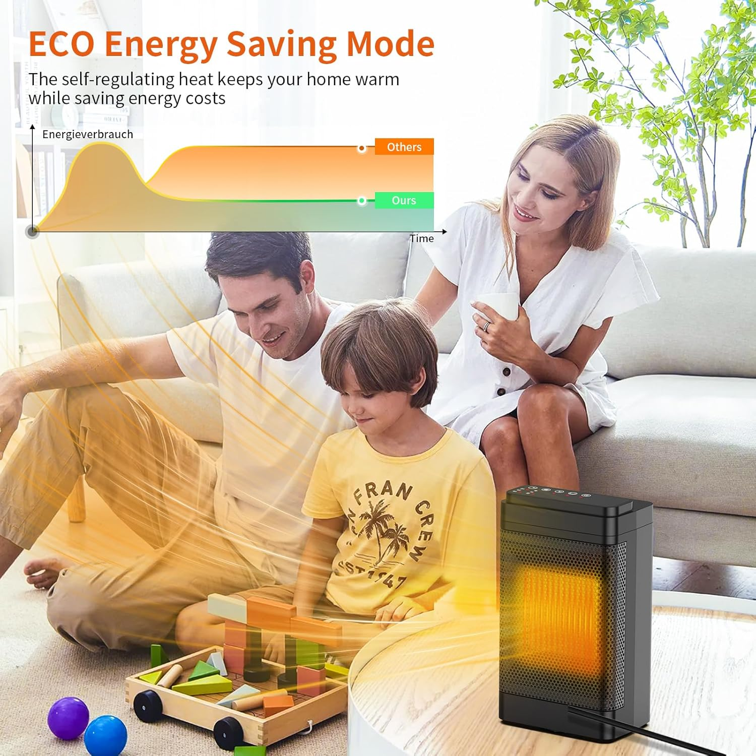 Eine Familie im Wohnzimmer mit Heizung. Ein Diagramm zeigt Energieeinsparung. Ein Kind spielt mit Spielzeug auf einem Tisch, und die Mutter hält eine Tasse.