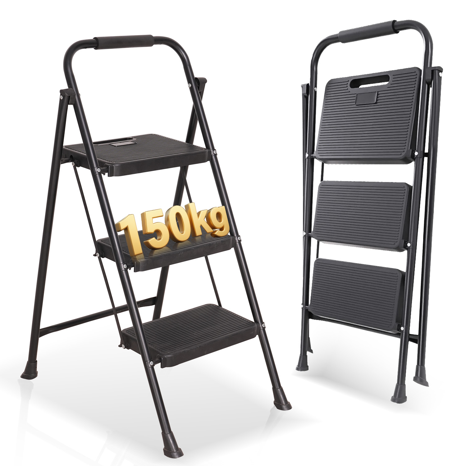 Deux escabeaux noirs sur fond blanc. L'un est ouvert avec '150kg' doré sur la marche. L'autre est plié.