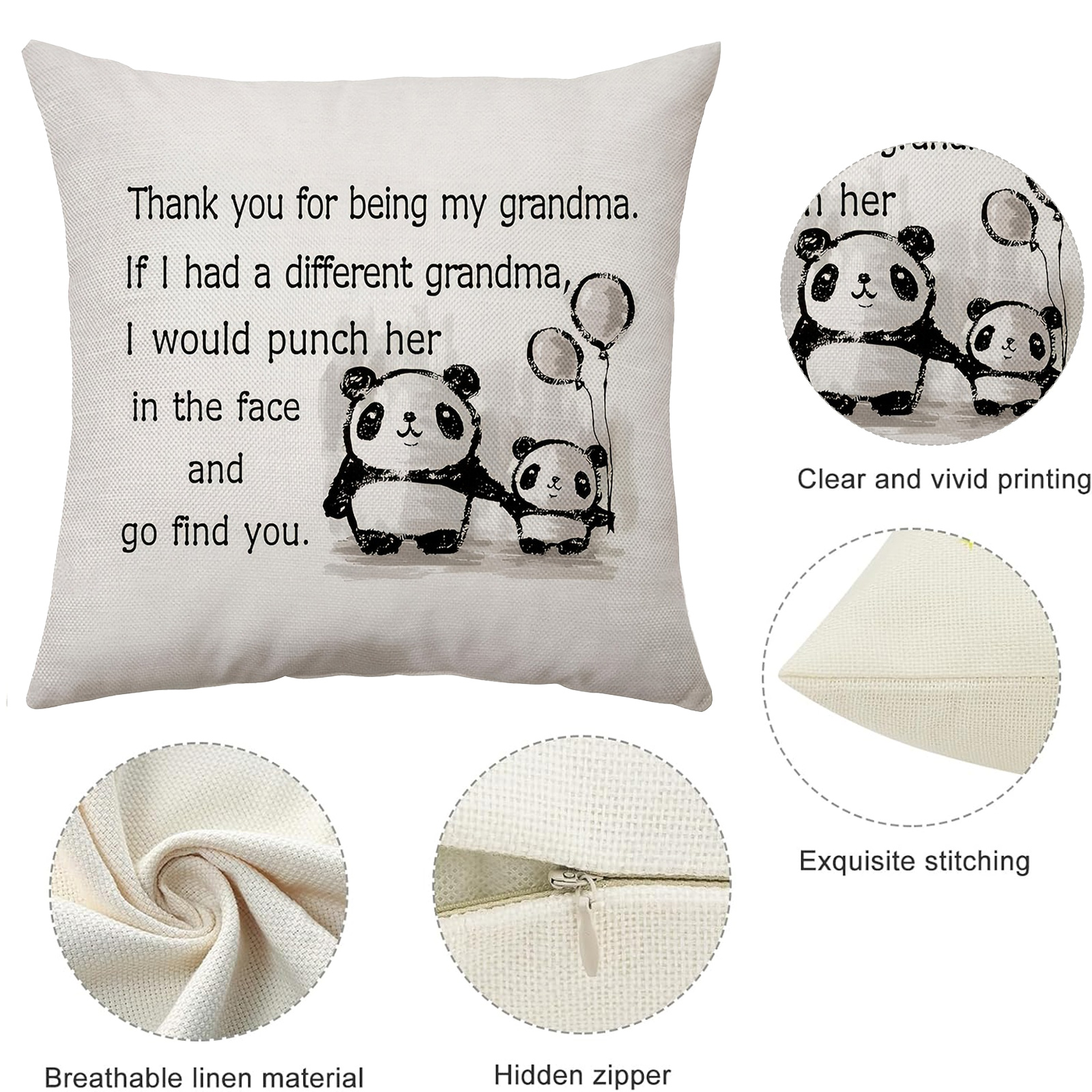 Kissen mit Pandas, Text 'Danke, dass du meine Oma bist'. Details: atmungsaktives Leinenmaterial, verdeckter Reißverschluss, exquisite Nähte.