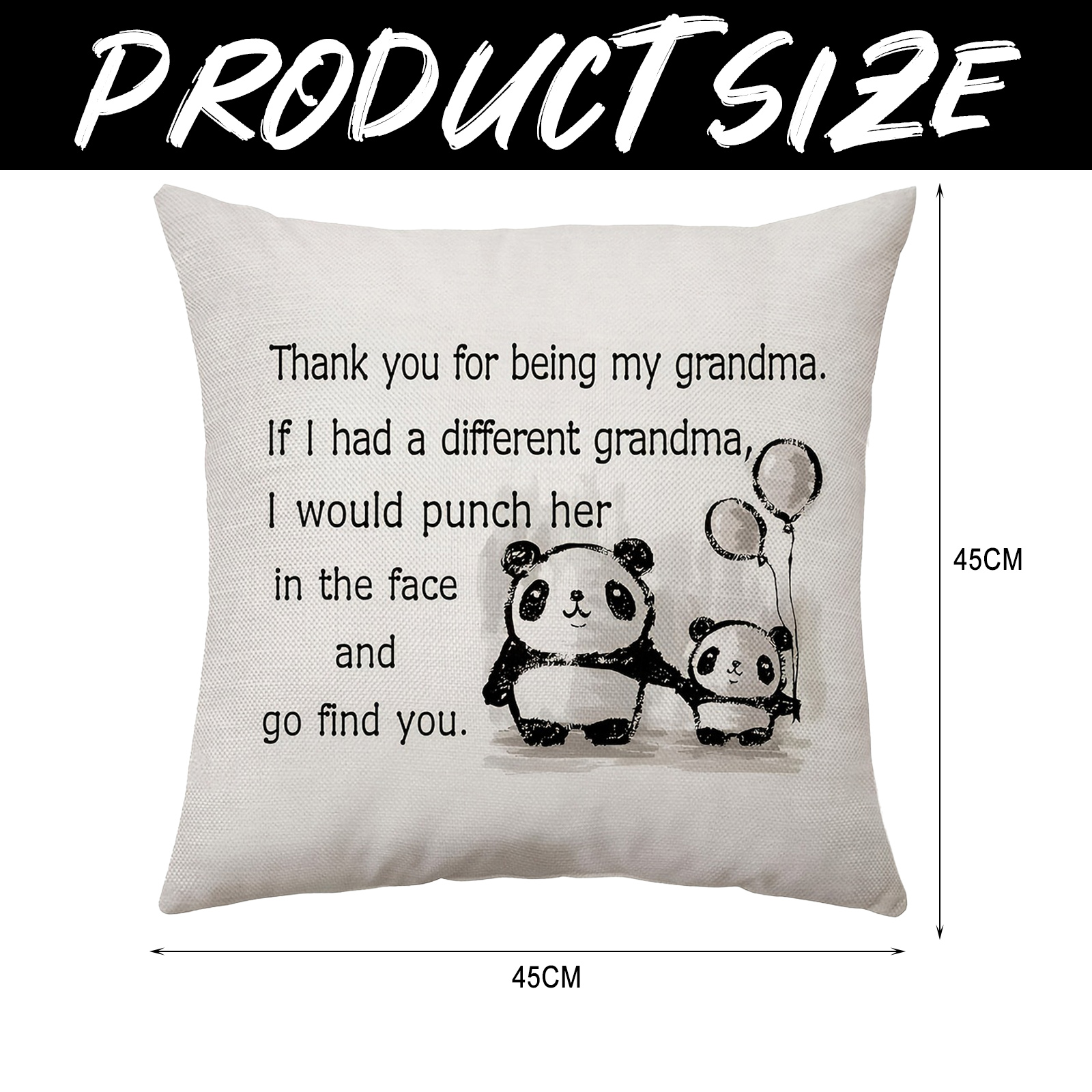 Weißes Kissen mit Text und Pandabären. Der Text lautet: Danke, dass du meine Oma bist.
