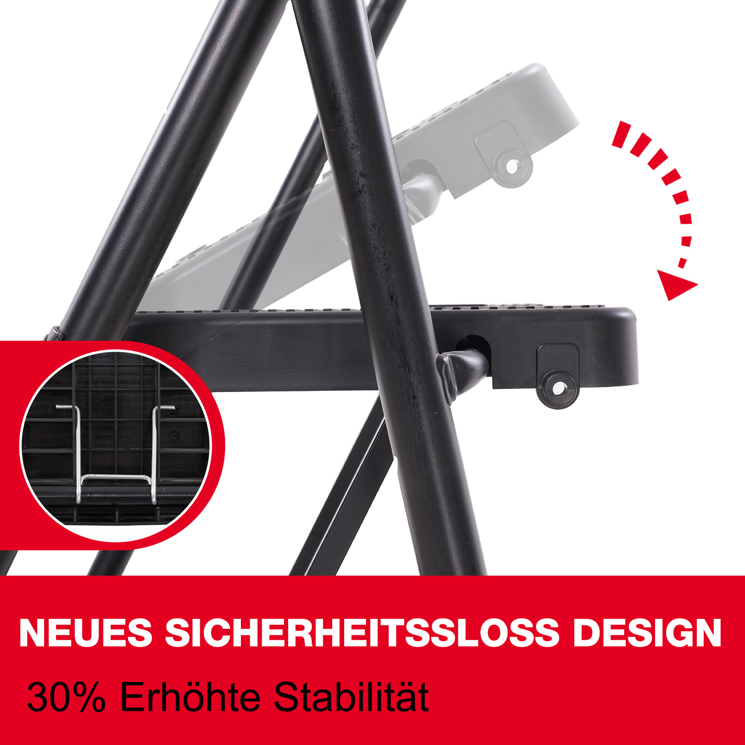 Detail eines schwarzen klappbaren Trittschemels mit rotem Pfeil. Der Text lautet: 'NEUES SICHERHEITSLOSS DESIGN'.