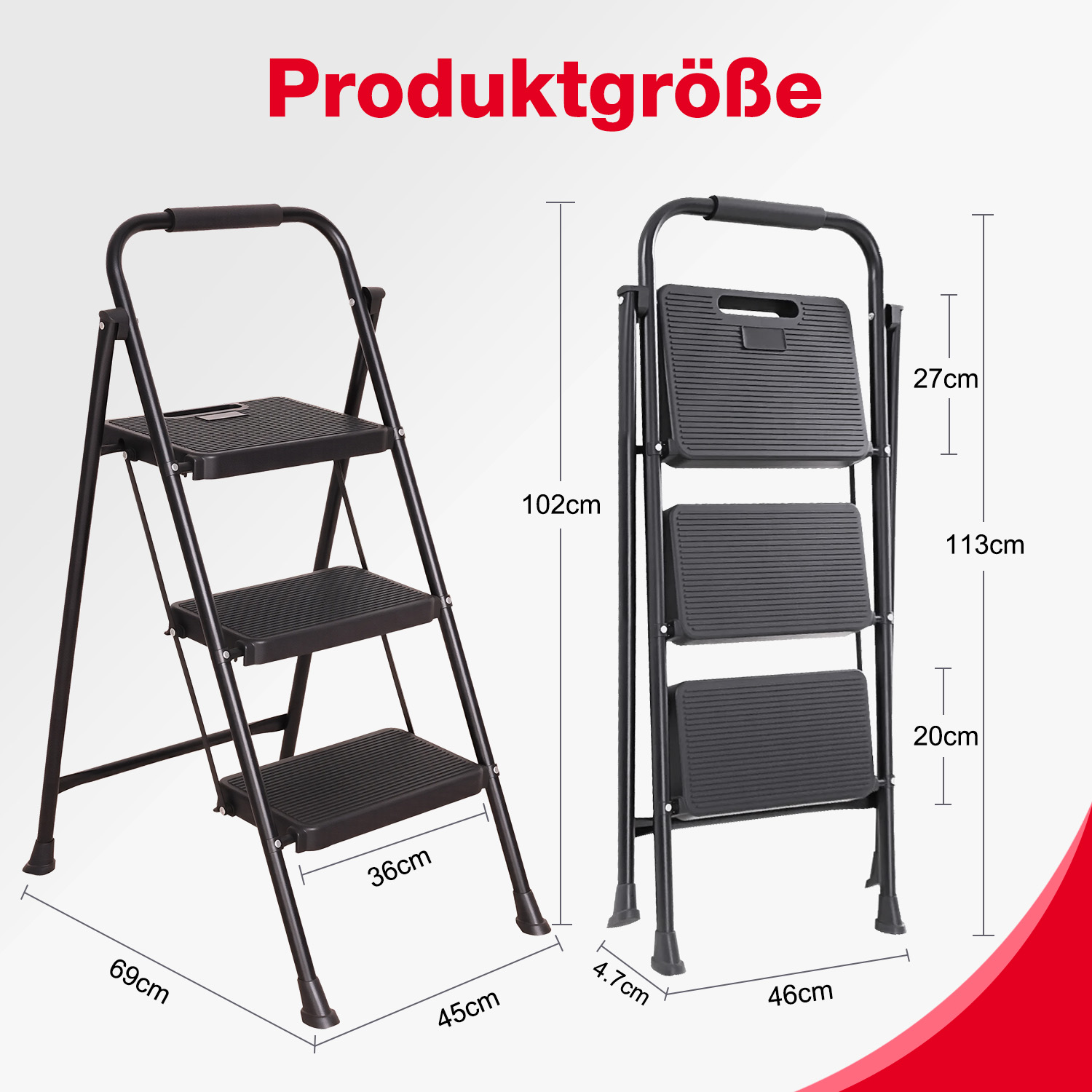 Zwei schwarze Trittleitern werden mit Maßen angezeigt. Der Text 'Produktgroße' steht oben.
