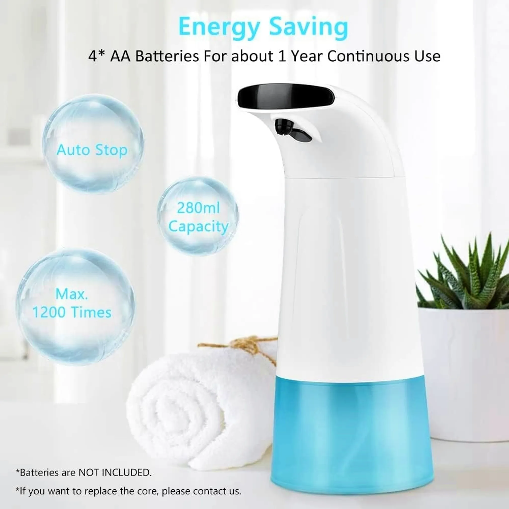 Ein automatischer Seifenspender mit blauem Boden und weißem Oberteil. Er hat ein Fassungsvermögen von 280 ml und kann etwa 1200 Mal verwendet werden.