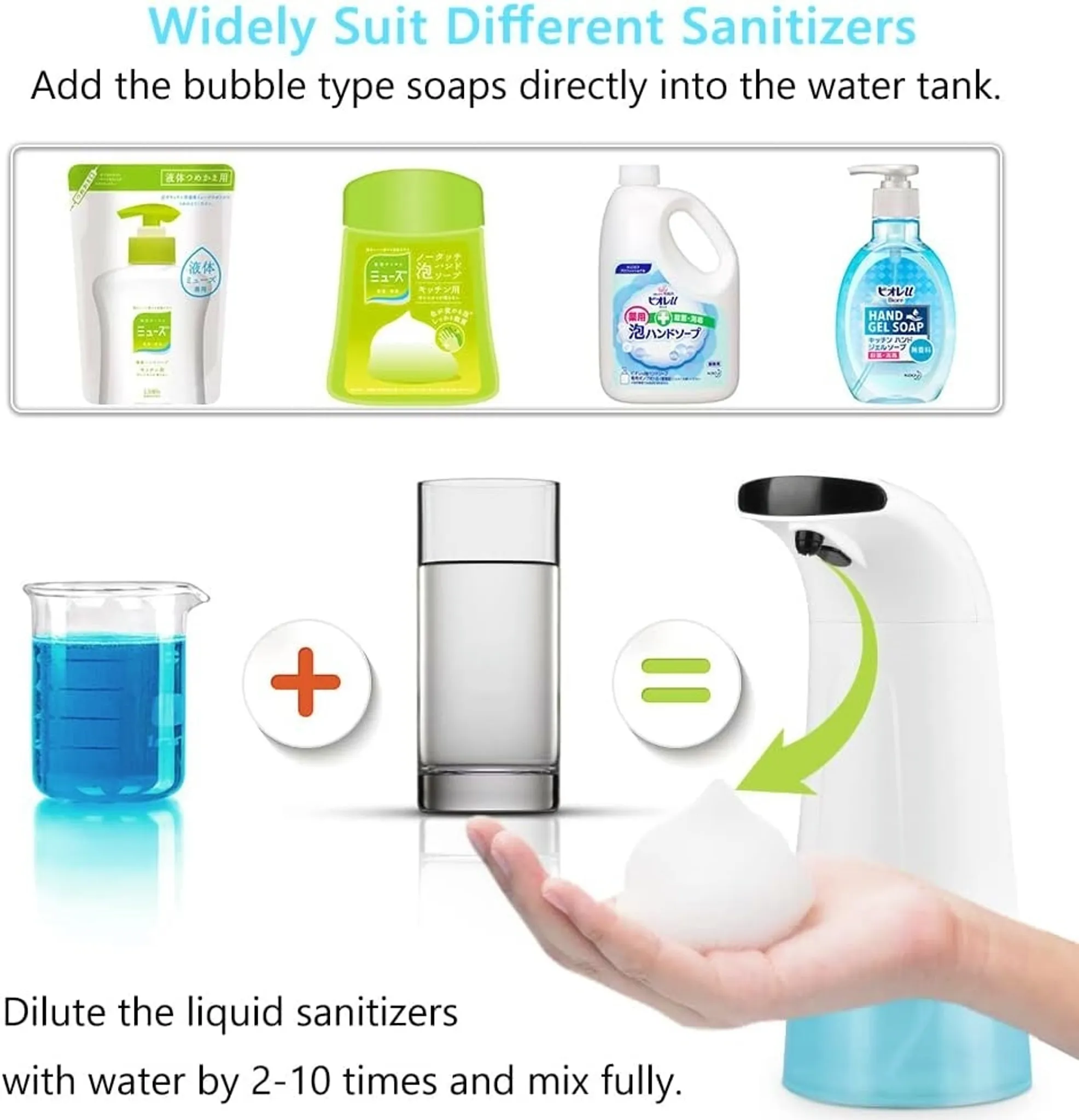 Das Bild zeigt Handseifenflaschen, einen Becher mit blauer Flüssigkeit, ein Glas Wasser und eine Hand, die Schaum aus einem Spender abgibt.
