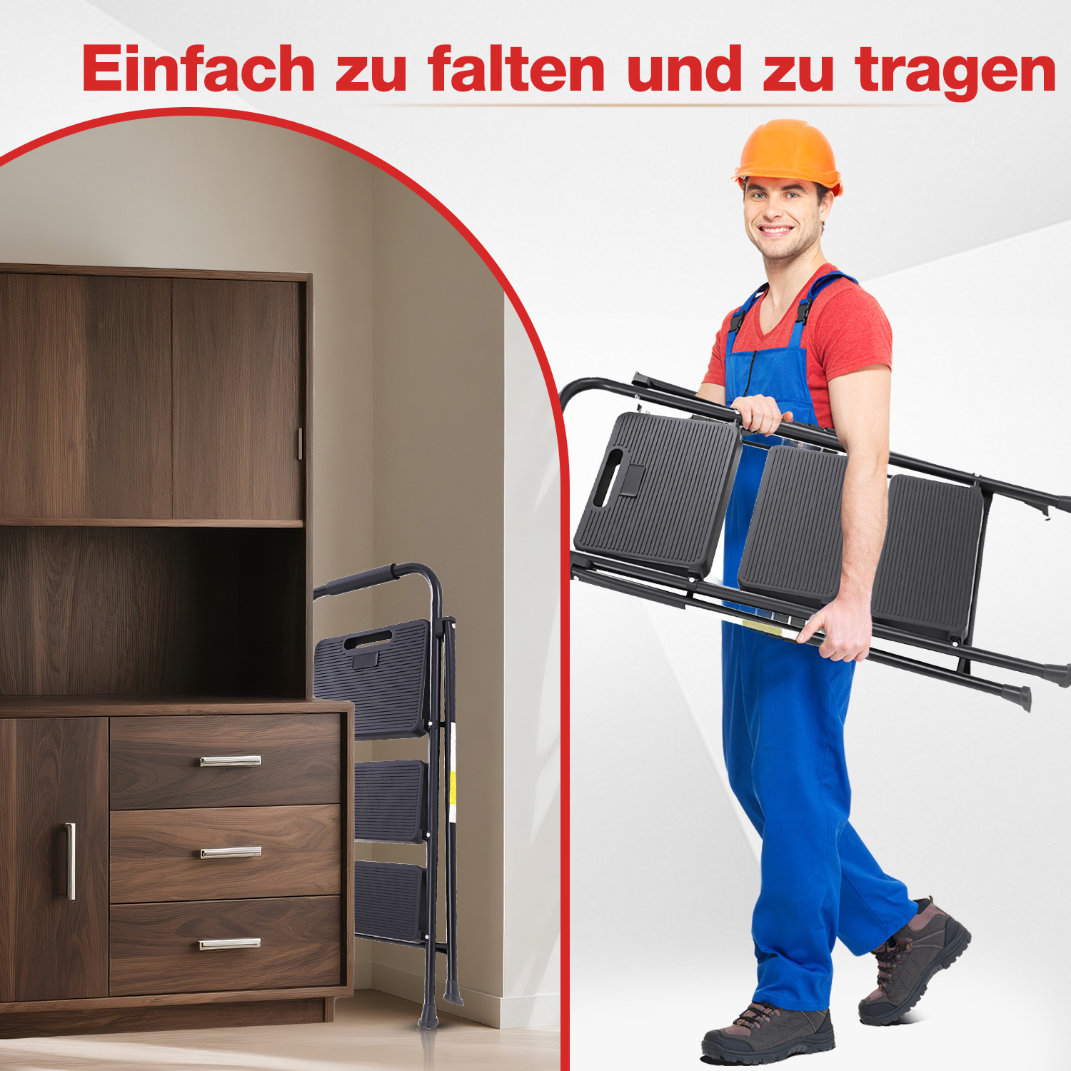 Mann in blauen Overalls hält eine zusammengeklappte schwarze Trittleiter. Links ein Holzschrank. Der Hintergrund ist weiß.