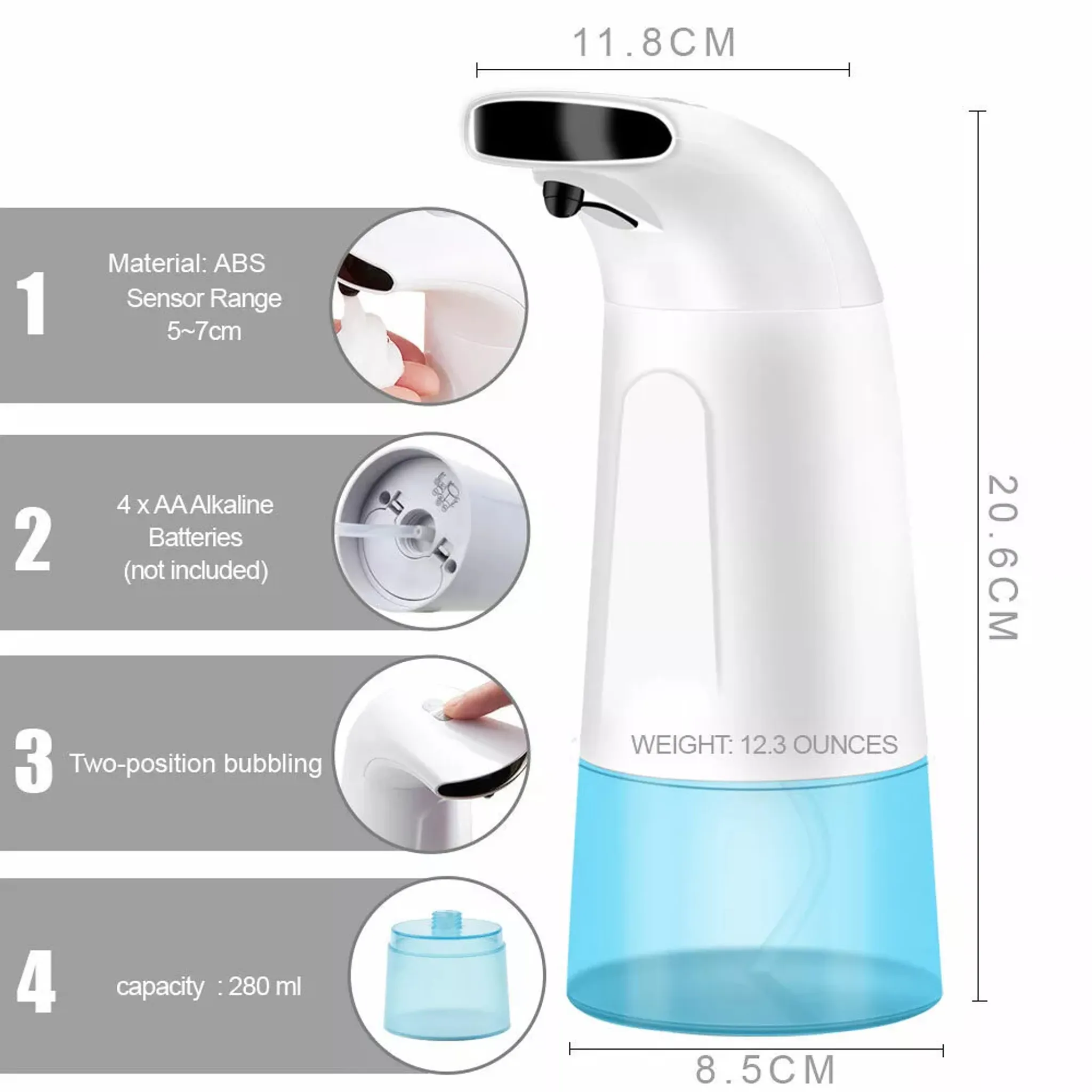 Ein automatischer Seifenspender wird gezeigt. Er ist weiß und blau, mit Abmessungen und Details. Enthält Batterie- und Kapazitätsinformationen.