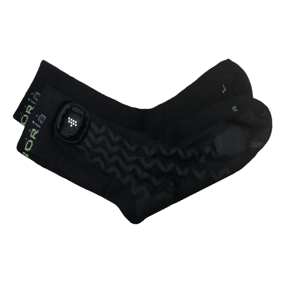 Zwei schwarze Socken mit einem Sensor. Eine Socke hat das Wort 'bória', die andere ein 'L' und 'R'.