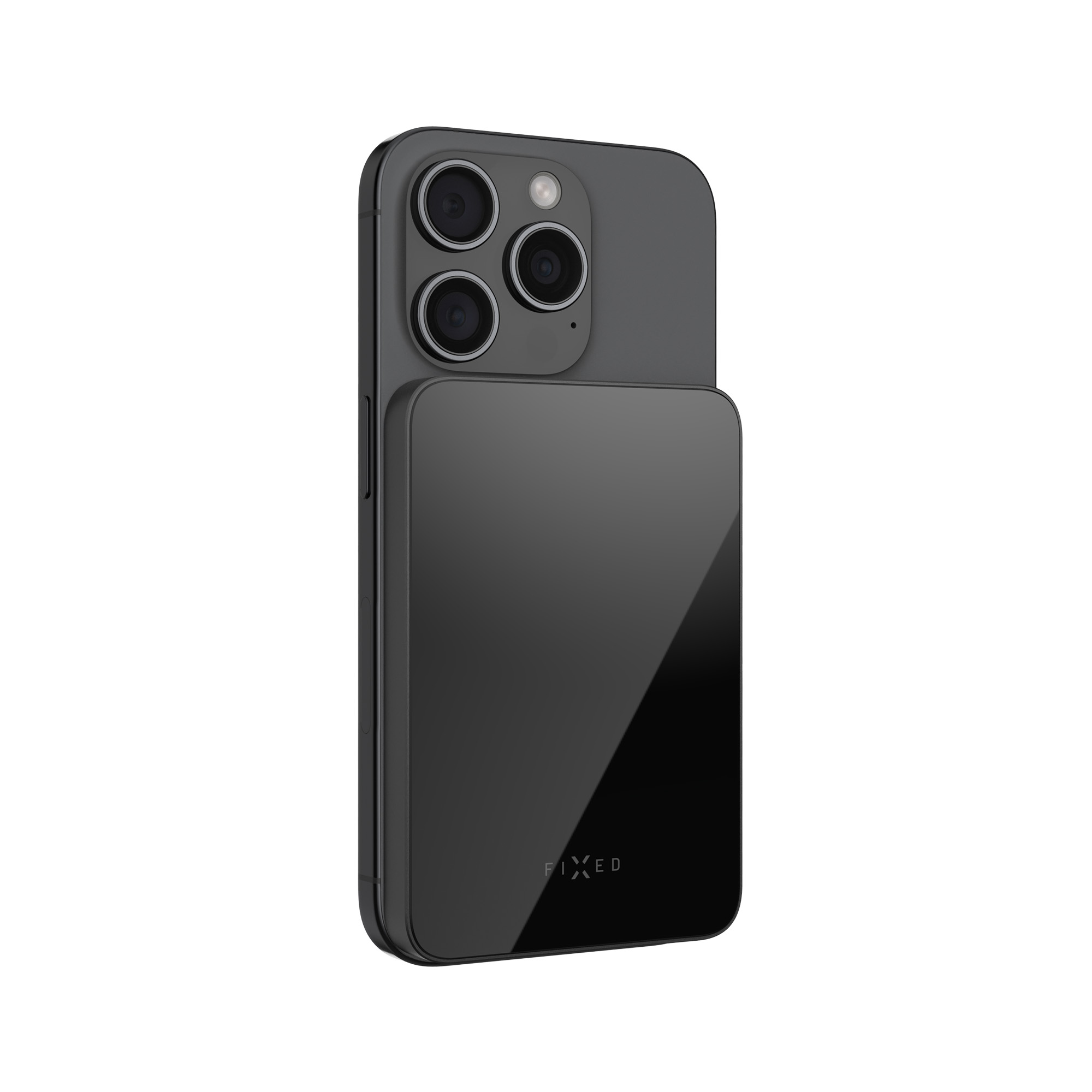 Ein schwarzes Smartphone mit einem schwarzen magnetischen Ladepad. Auf dem Pad steht das Wort FIXED.