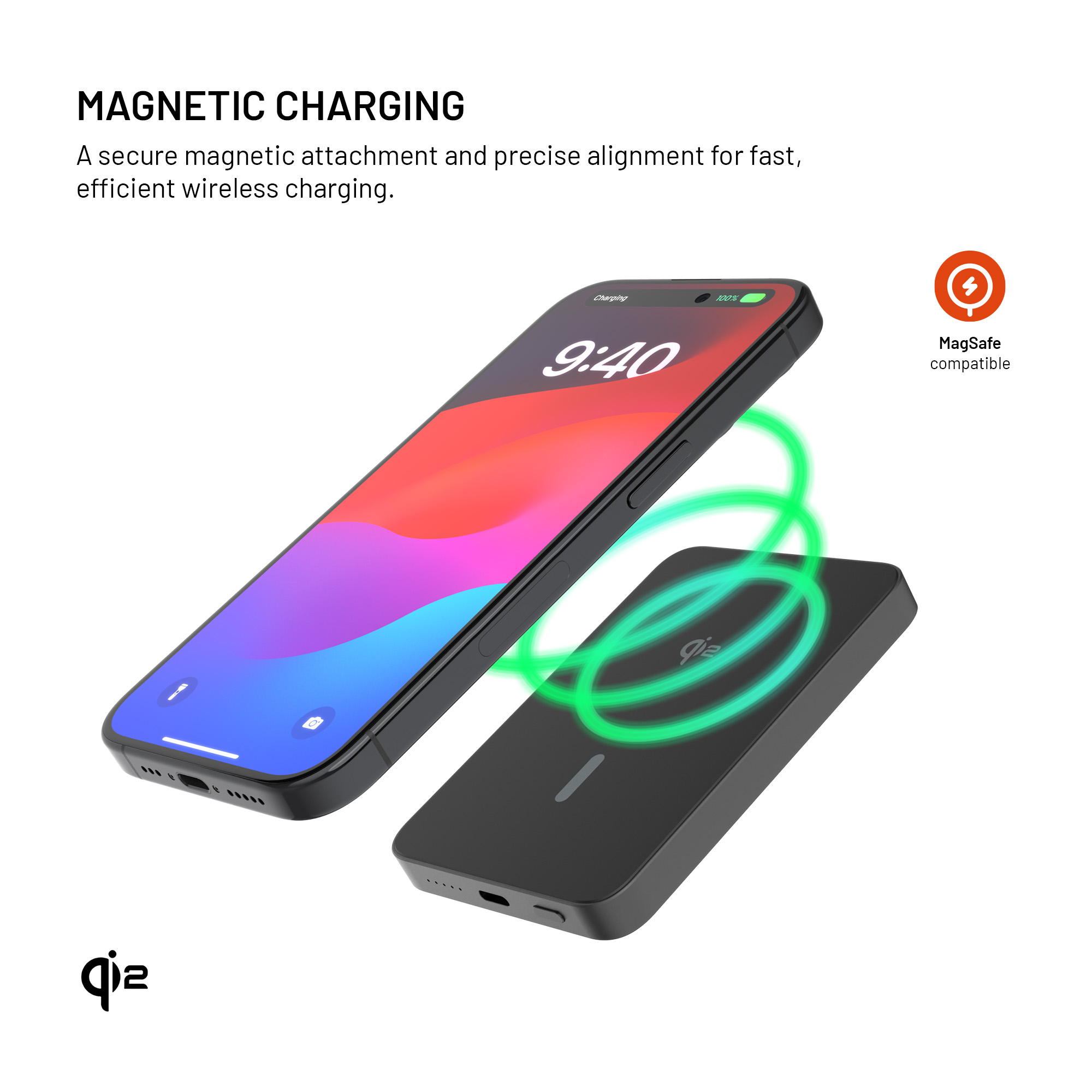 Ein schwarzes Telefon, das drahtlos auf einem schwarzen Pad geladen wird. Grüne Energiewellen sind sichtbar. Das Telefon zeigt 9:40 Uhr auf dem Bildschirm.