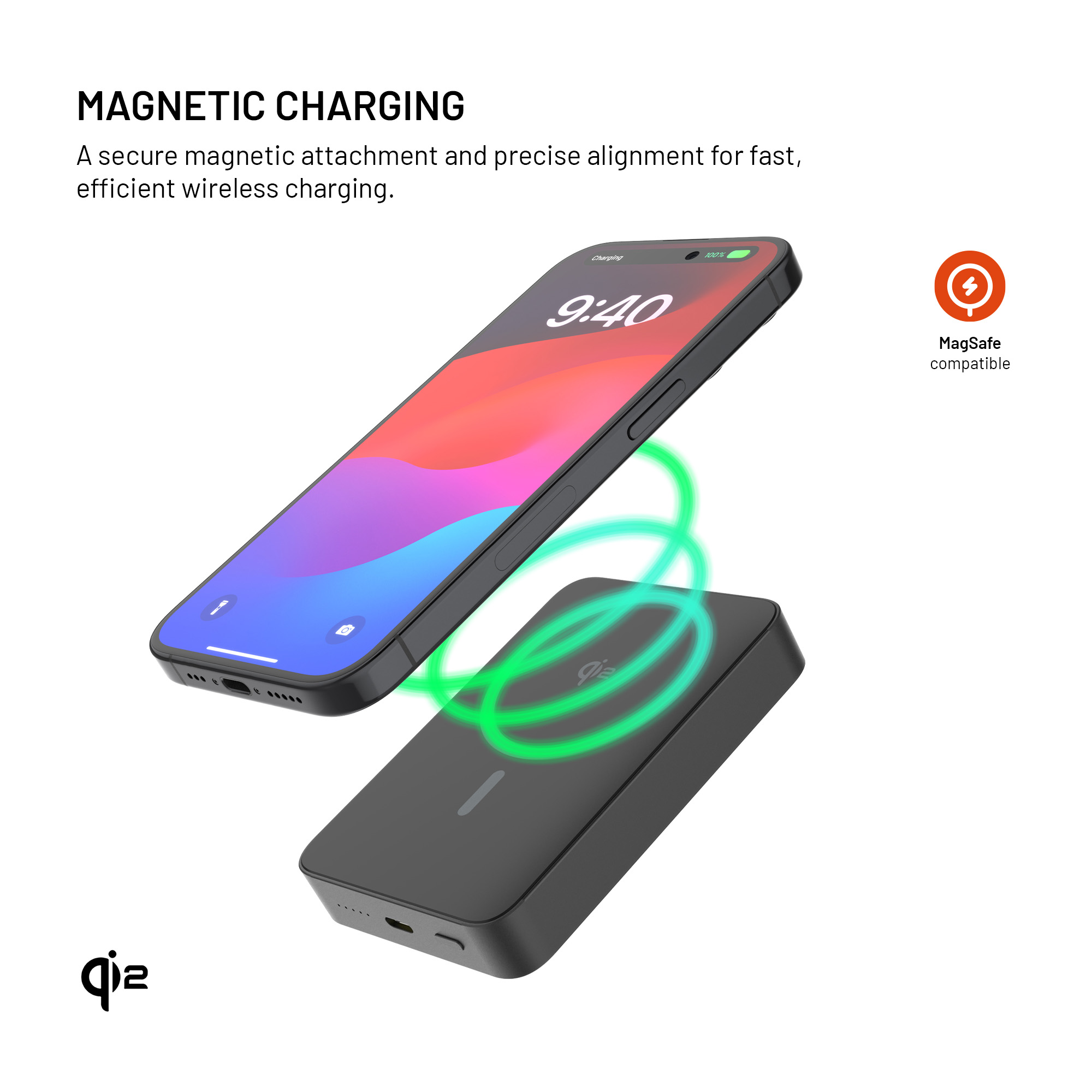 Ein Telefon, das drahtlos auf einem schwarzen Pad geladen wird. Das Telefon zeigt die Uhrzeit und die Akkulaufzeit an. Grüne Ladesymbole sind sichtbar.