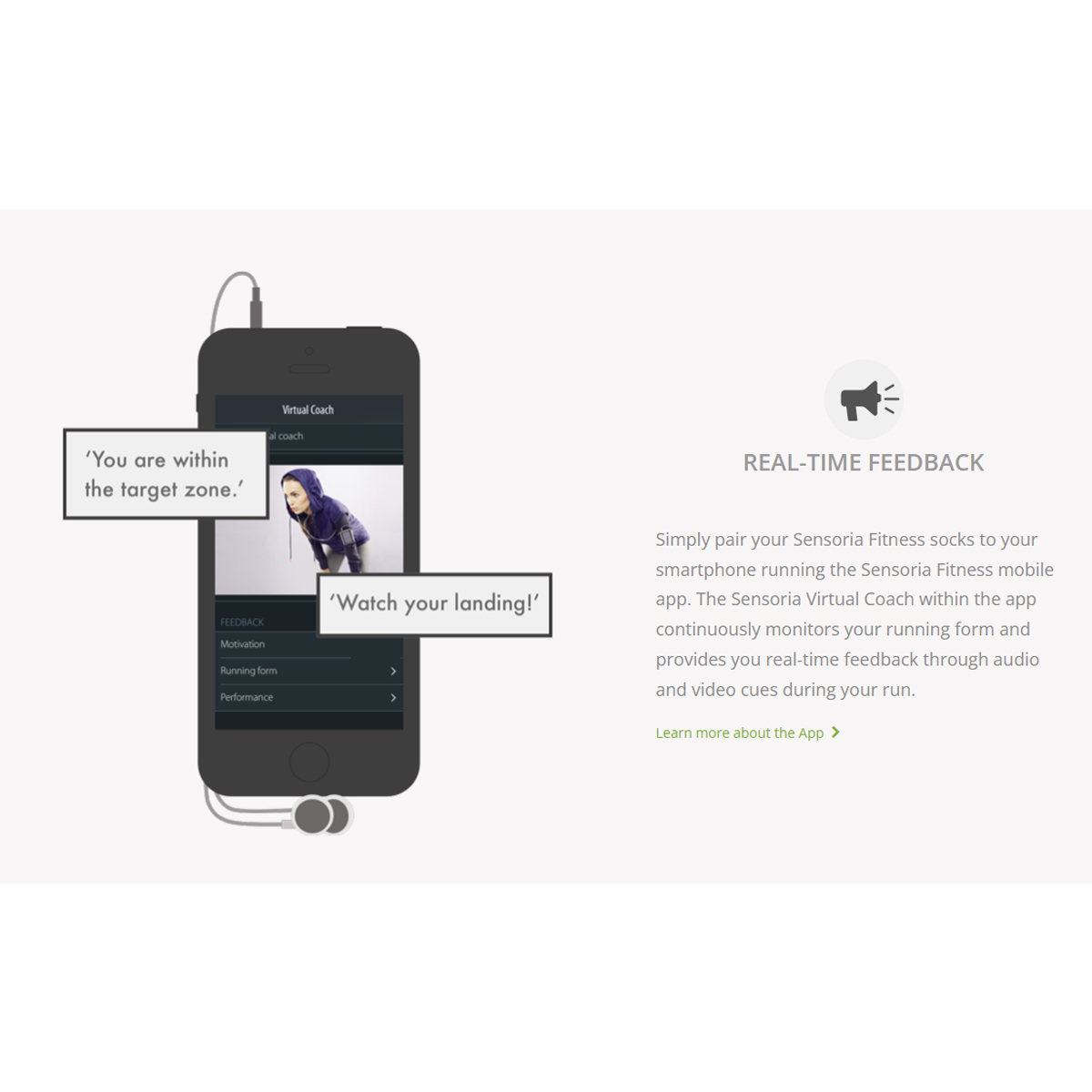 Ein Smartphone zeigt eine Lauf-App mit Feedback-Text an. Textblasen sagen 'Sie befinden sich im Zielbereich' und 'Achten Sie auf Ihre Landung!'