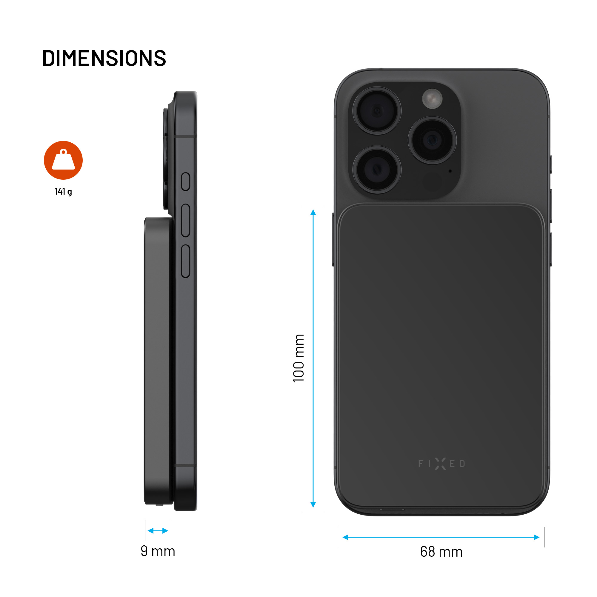 Schwarzes Telefon mit den Maßen: 100x68x9 mm, Gewicht 141g. Vorder- und Seitenansicht. Fixed-Logo.