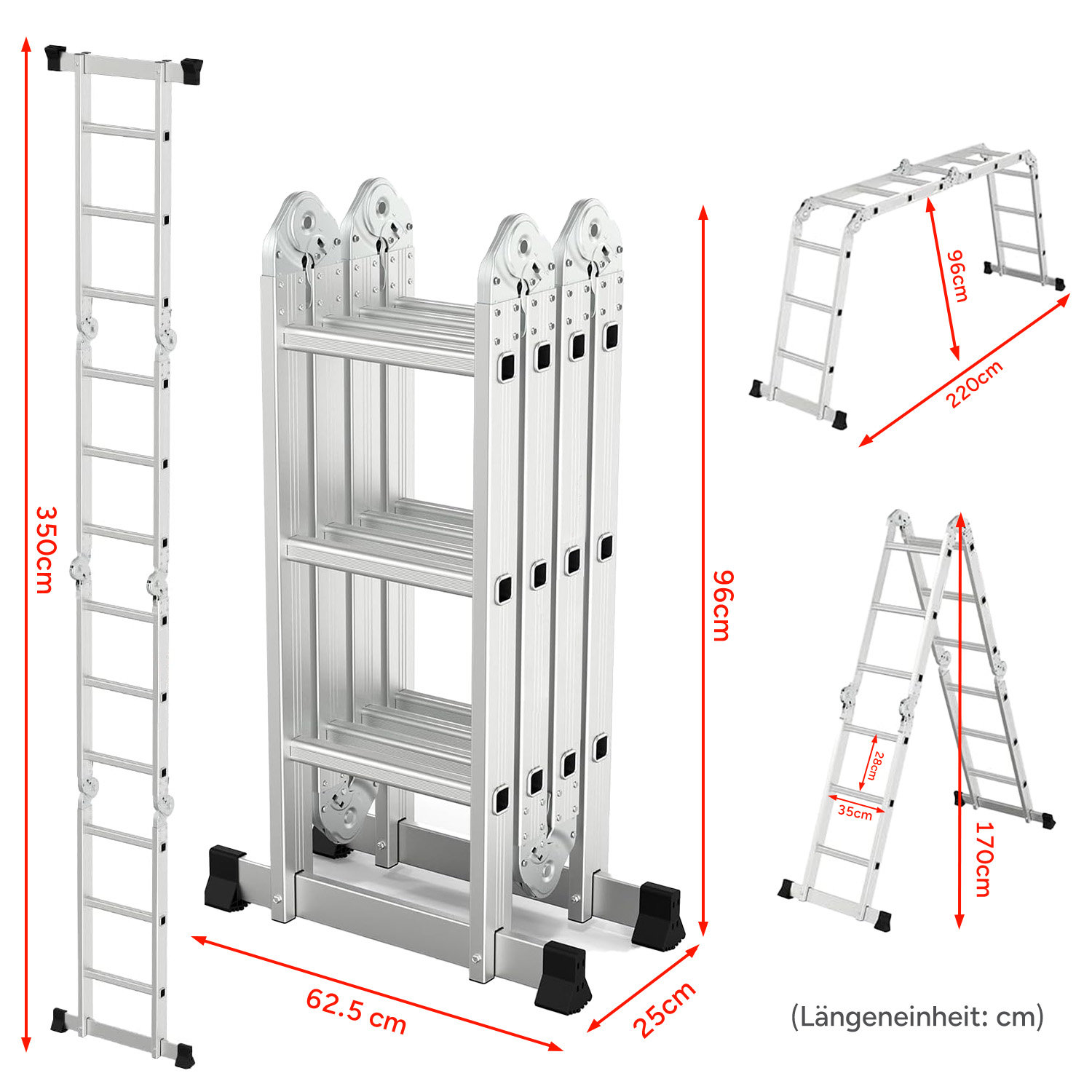 Srebrna drabina wielofunkcyjna. Pokazana w różnych konfiguracjach, z wymiarami w centymetrach. Wymiary: 350 cm, 62,5 cm, 96 cm, 220 cm, 25 cm, 170 cm, 28 cm, 35 cm.