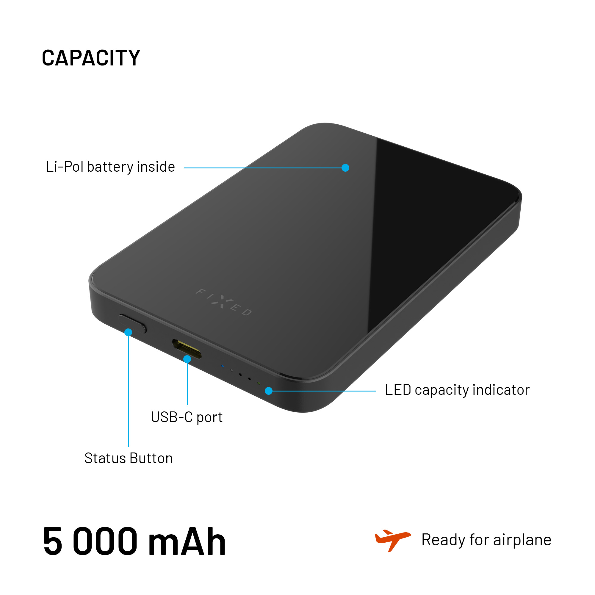 Eine schwarze Powerbank mit Beschriftungen. Merkmale sind ein USB-C-Anschluss, eine LED-Anzeige und eine Kapazität von 5000 mAh. Flugzeugtauglich.