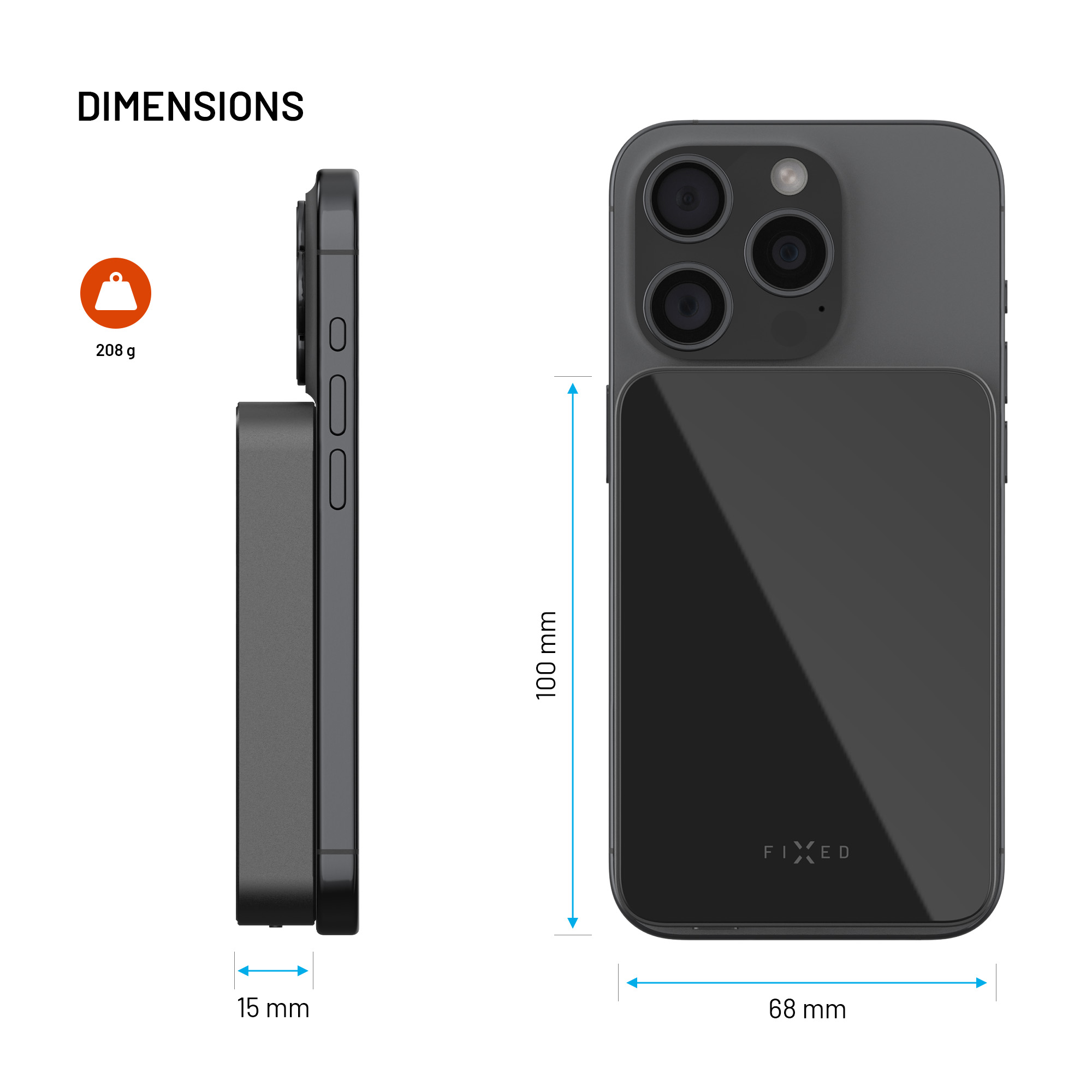Ein schwarzes Telefon mit einem schwarzen Ladegerät. Abmessungen: 100x68x15 mm. Gewicht: 208 g. Das Wort FIXED ist auf dem Telefon sichtbar.