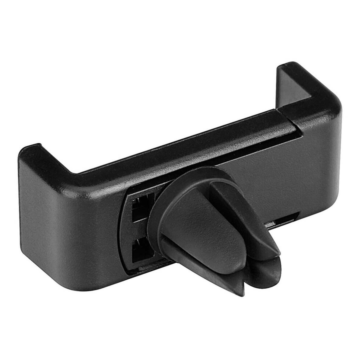 Un supporto per telefono per auto nero con clip per bocchetta. È fatto di plastica. Il supporto ha due bracci e una clip.