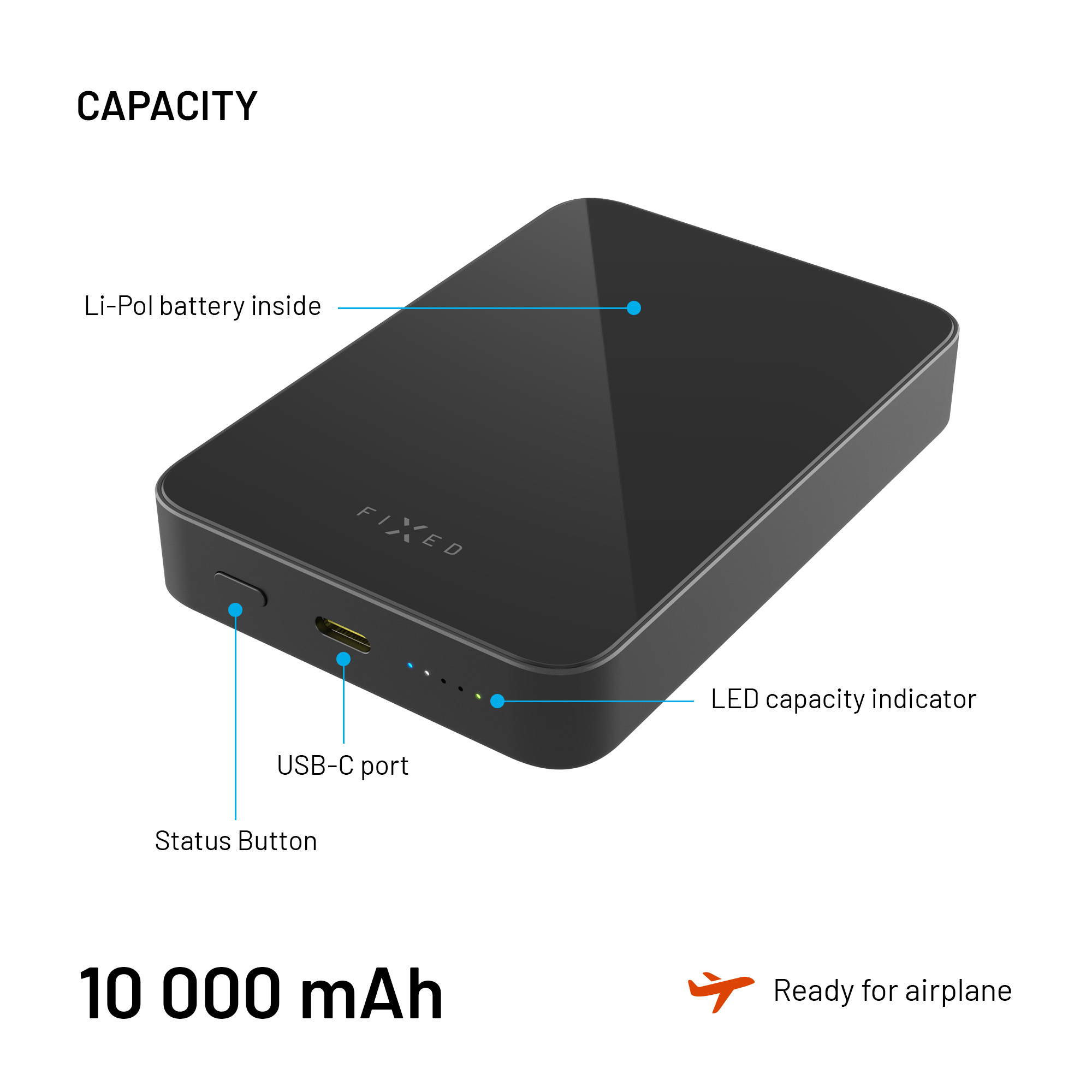 Schwarze Powerbank mit USB-C-Anschluss, Kapazitätsanzeige und Statustaste. Sie ist flugzeugtauglich.