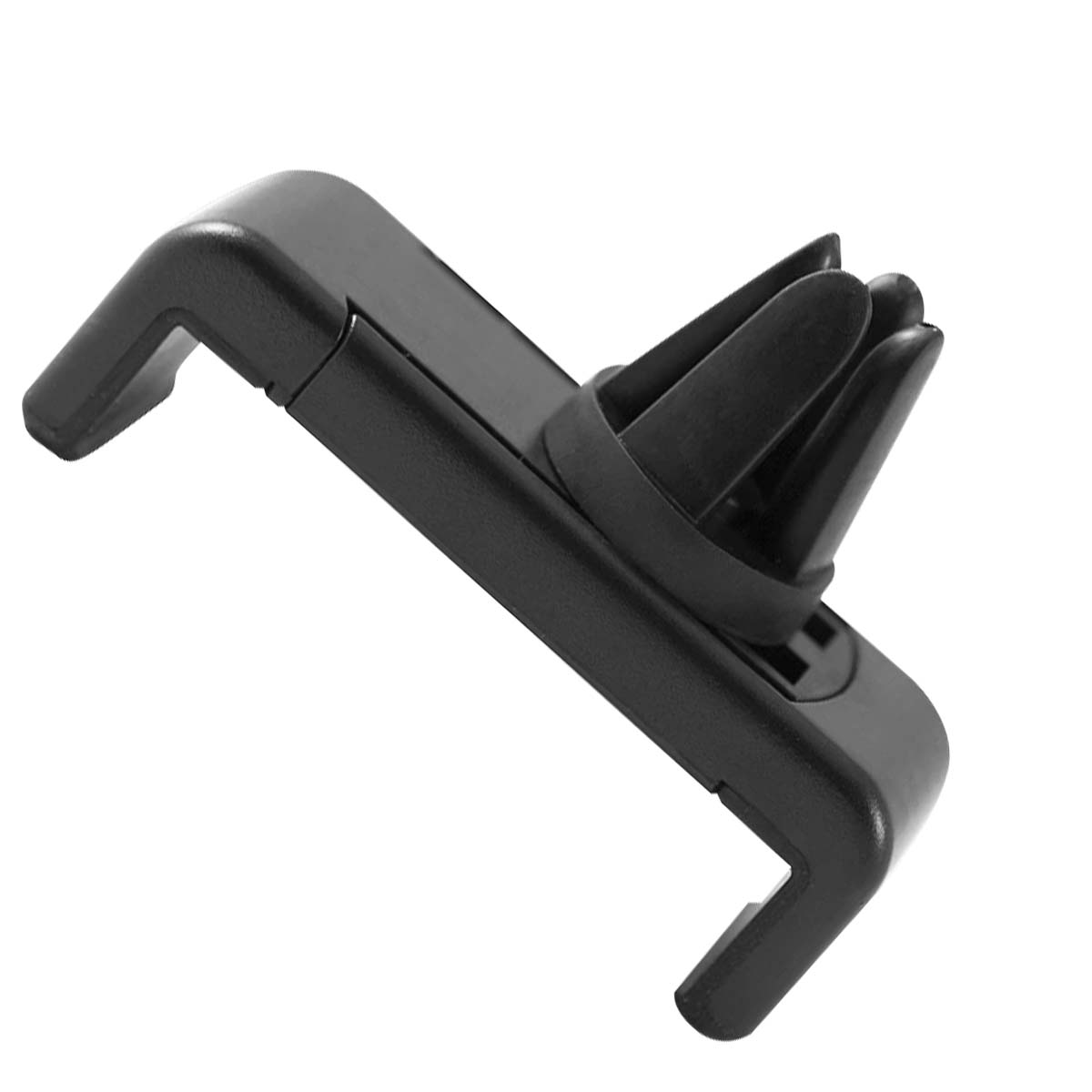 Un supporto nero per telefono per bocchette d'auto. Ha due bracci angolati e tre clip per bocchette. Il supporto è su uno sfondo bianco.