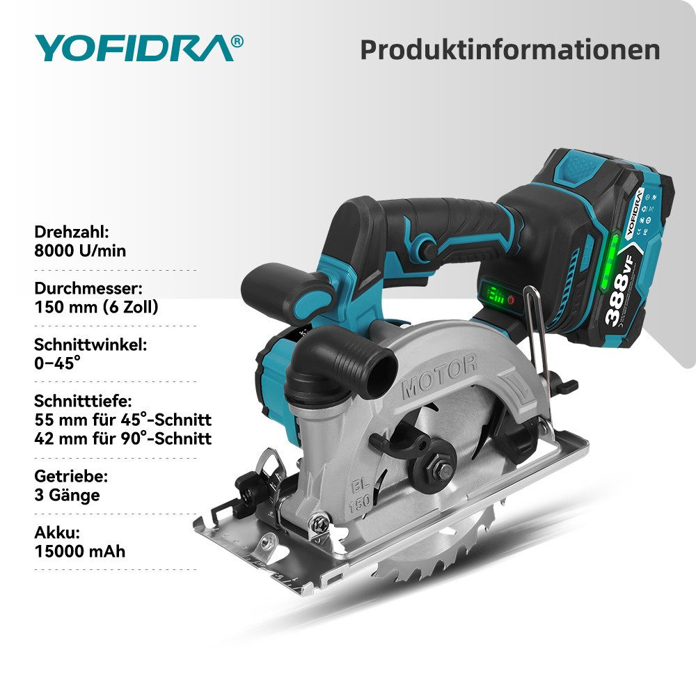 Eine Akku-Kreissäge in Blau und Schwarz, mit Produktinformationen auf der linken Seite.