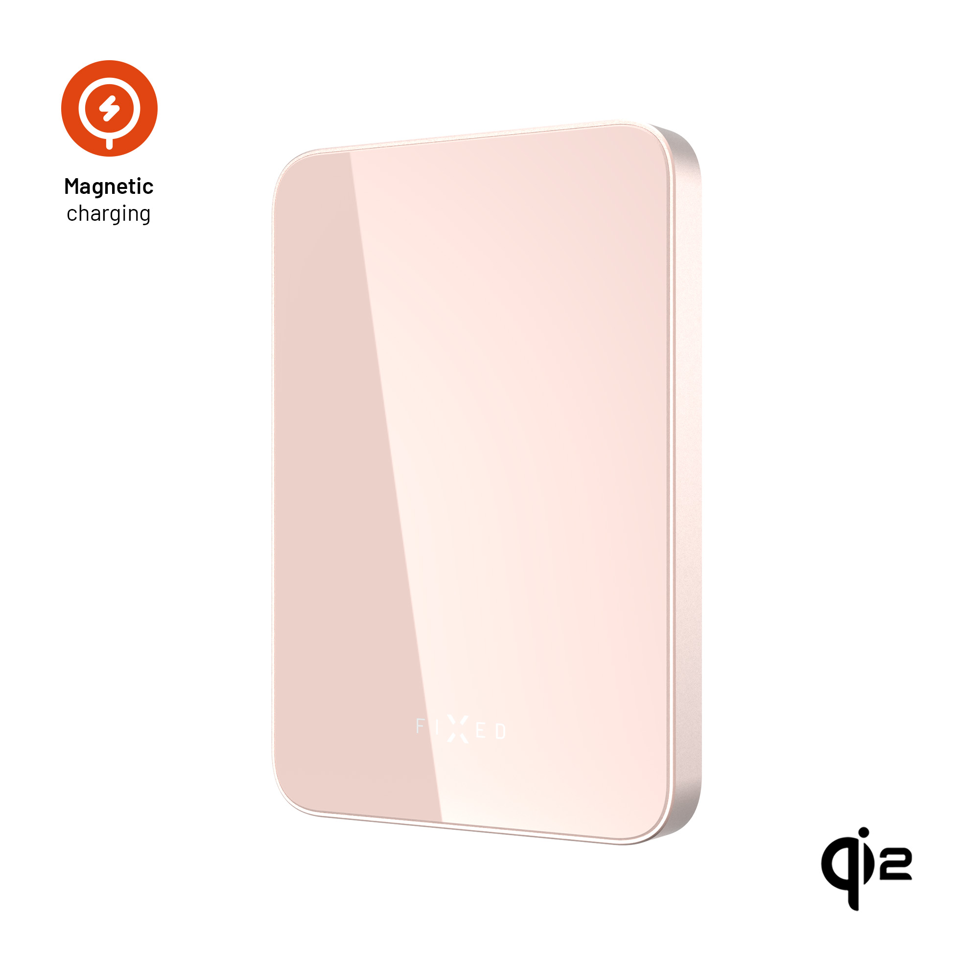 Ein rosa kabelloses Ladegerät mit weißem Hintergrund. Es hat ein magnetisches Ladesymbol und das Wort 'FIXED'.
