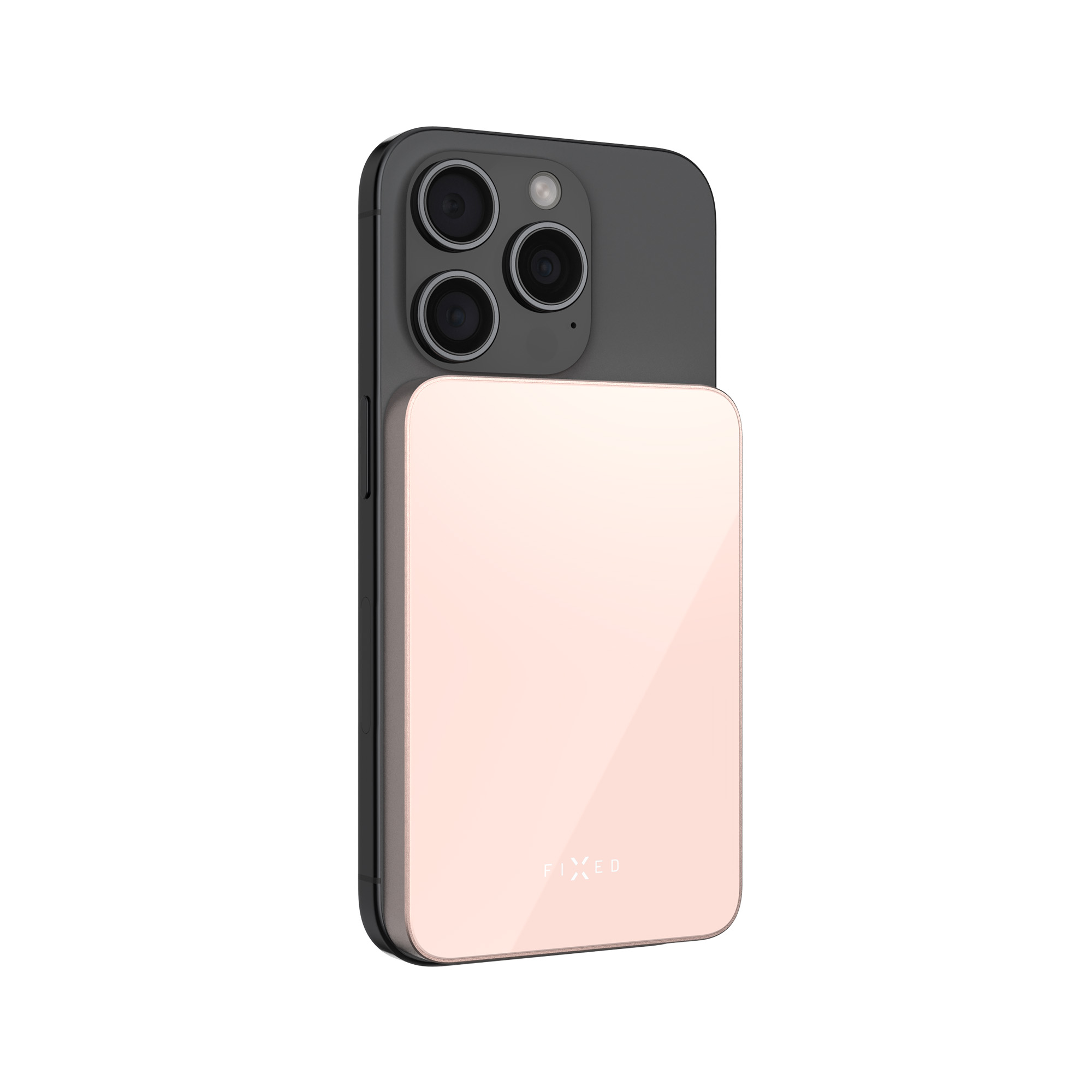 Schwarzes iPhone mit einer rechteckigen rosa Powerbank. Auf der Powerbank steht das Wort 'FIXED'.