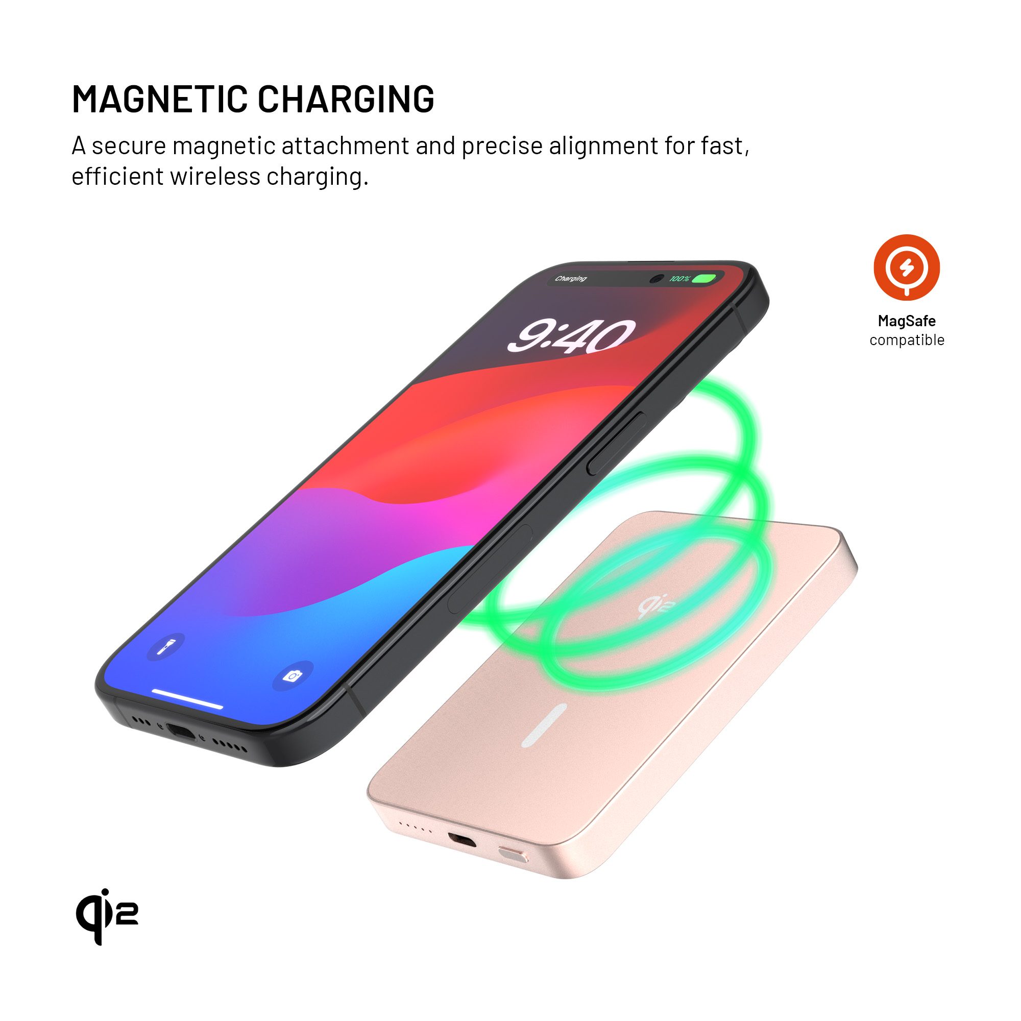 Ein iPhone wird drahtlos auf einem rosa Ladegerät aufgeladen. Grüne Linien zeigen die magnetische Verbindung. Auf dem Bildschirm steht 9:40.