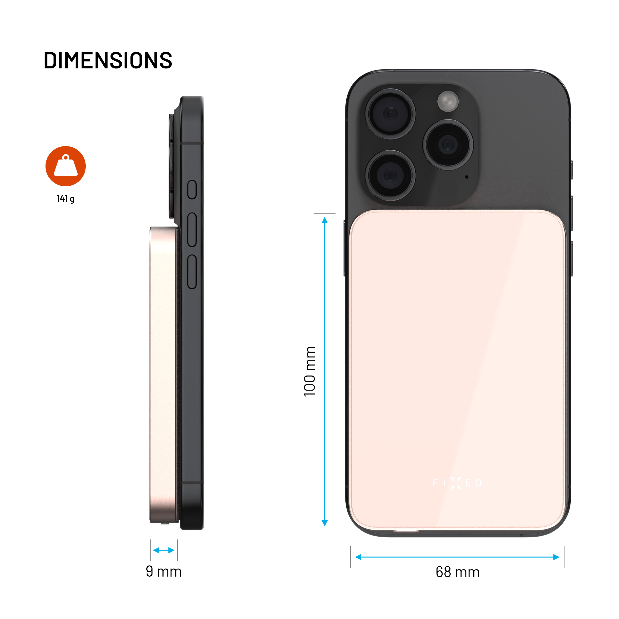 Das Bild zeigt ein Telefon und seine Hülle. Abmessungen: 100 mm Höhe, 68 mm Breite, 9 mm Dicke. Das Gewicht des Telefons beträgt 141 g.