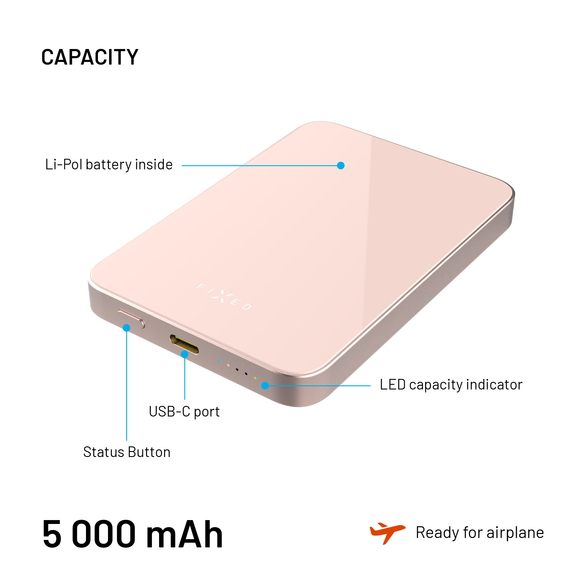 Eine roségoldene Powerbank mit der Aufschrift 'FIXED'. Merkmale sind ein USB-C-Anschluss, eine Statustaste und eine LED-Kapazitätsanzeige.