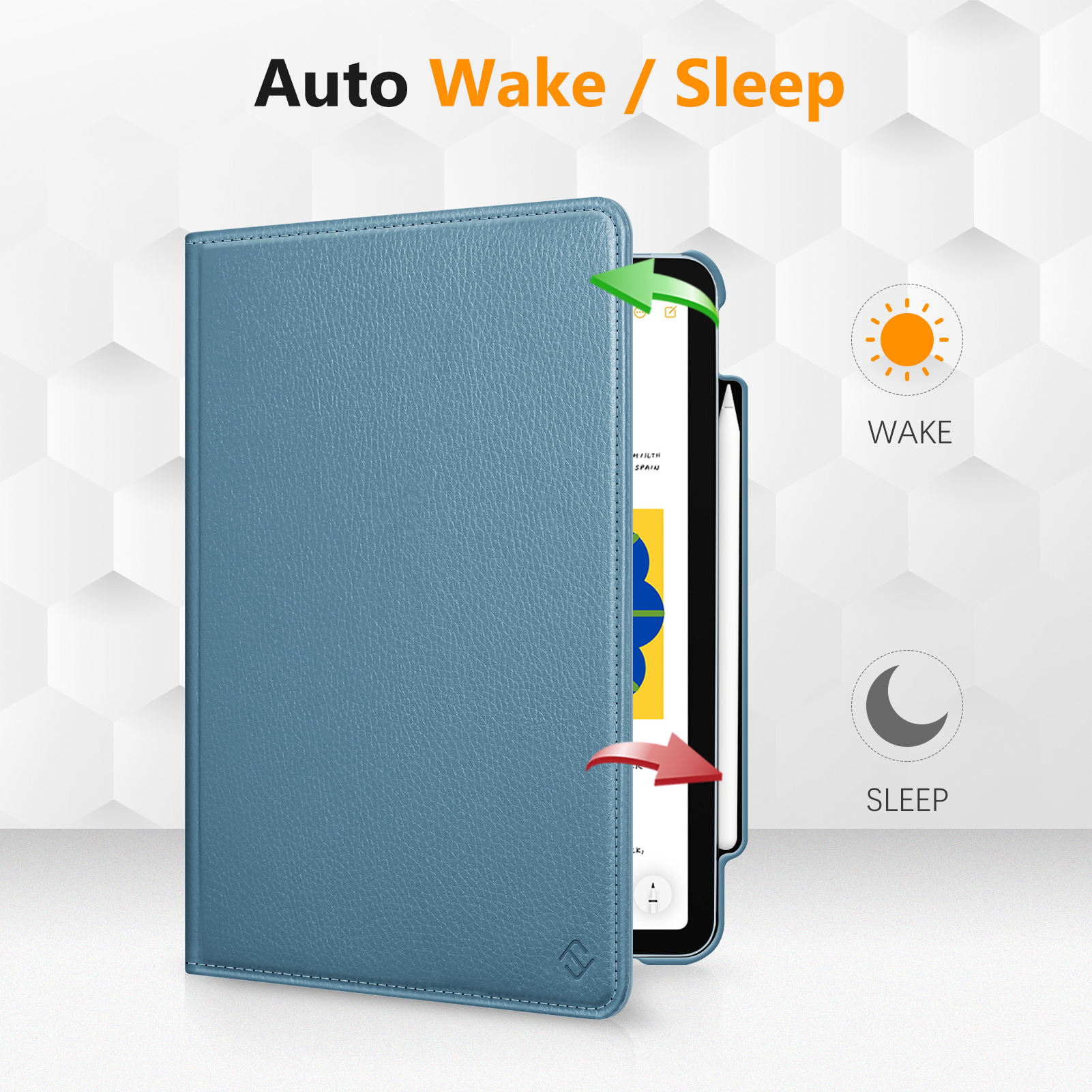 Blaue Tablethülle mit Text 'Auto Wake / Sleep'. Das Tablet ist eingeschaltet, mit einem Stift. Symbole zeigen Wake und Sleep.