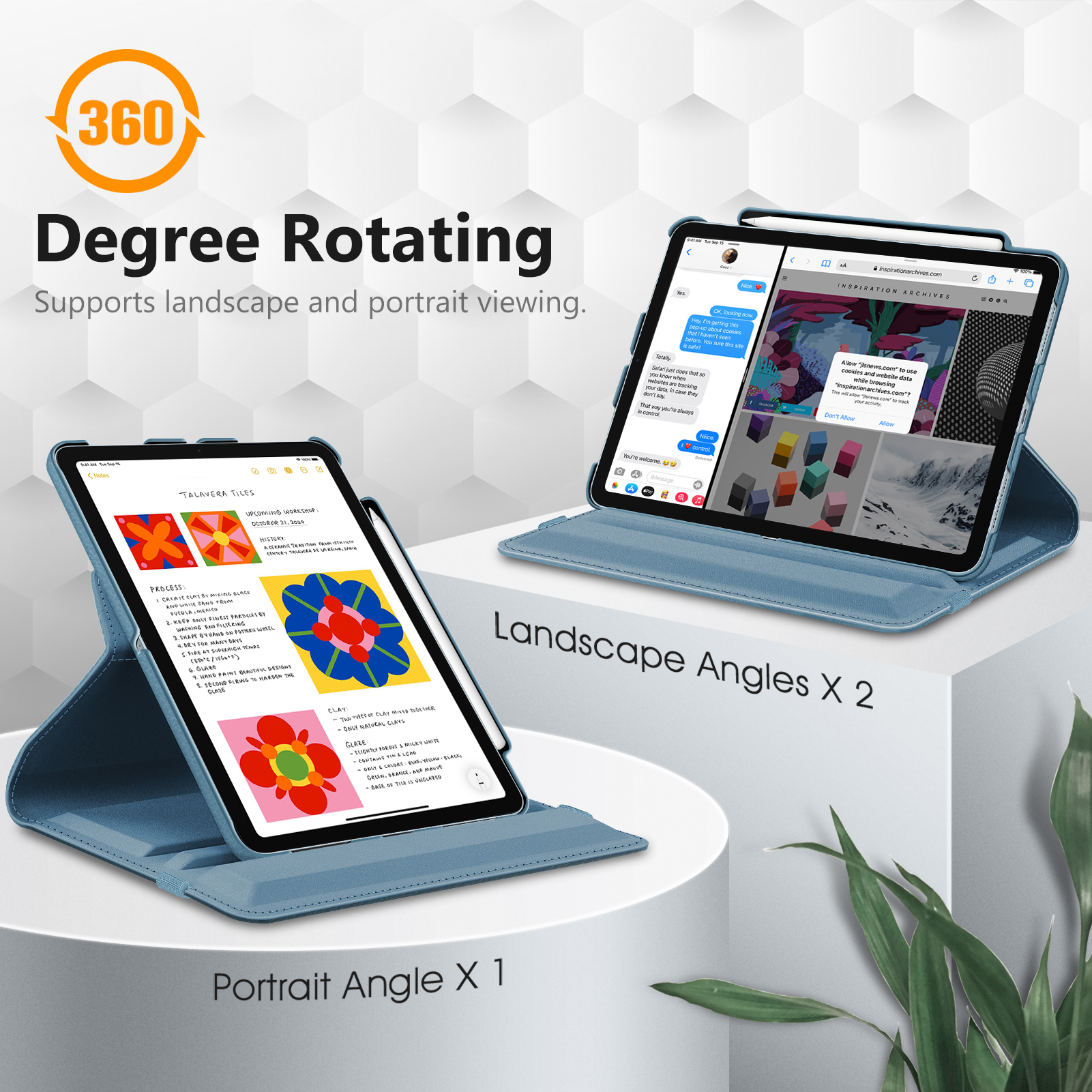 Zwei Tablets in Hüllen, eines zeigt Fliesen, das andere eine Website, auf weißer Oberfläche, mit Text 'Degree Rotating' und 'Landscape Angles'.