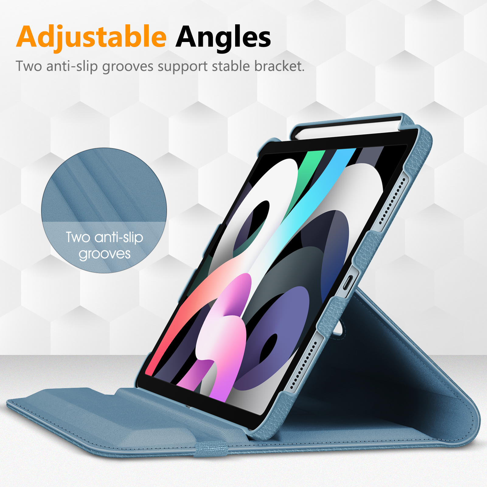 Eine blaue Tablettasche stützt ein Tablet. Der Text zeigt 'Adjustable Angles'. Eine Nahaufnahme zeigt Anti-Rutsch-Rillen.
