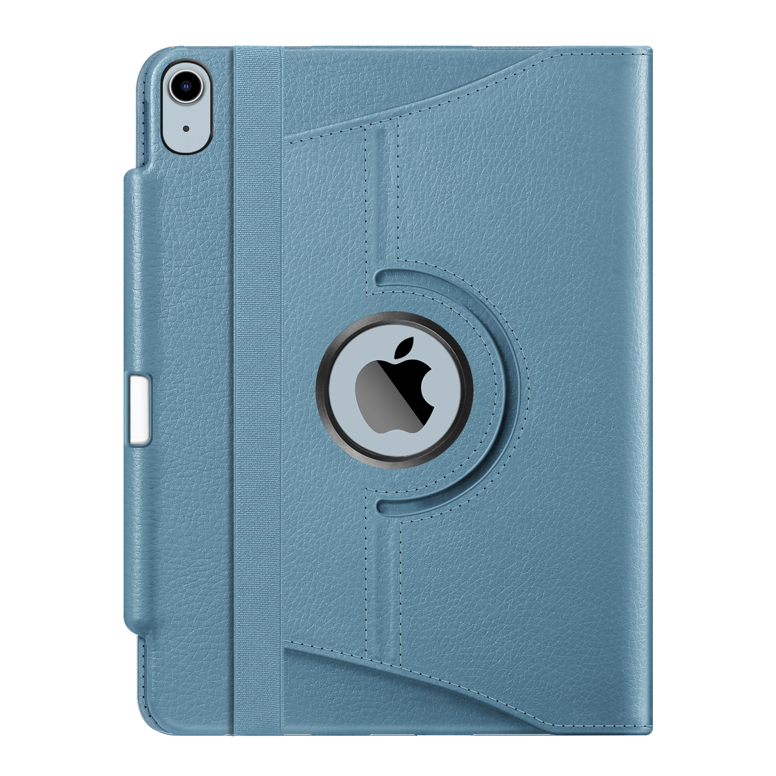 Blaue iPad-Hülle mit Apple-Logo. Mit Kameraausschnitt, Gummiband und Drehdesign.
