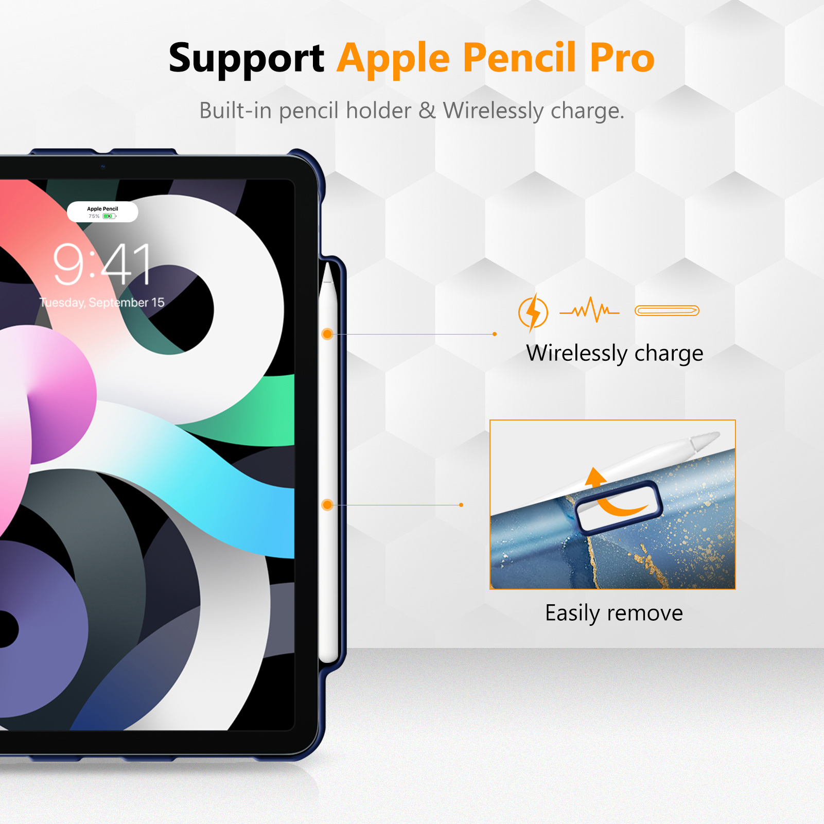 Das Bild zeigt ein iPad mit einem Apple Pencil. Der Text weist auf die Unterstützung für Apple Pencil Pro, kabelloses Laden und einfaches Entfernen hin.