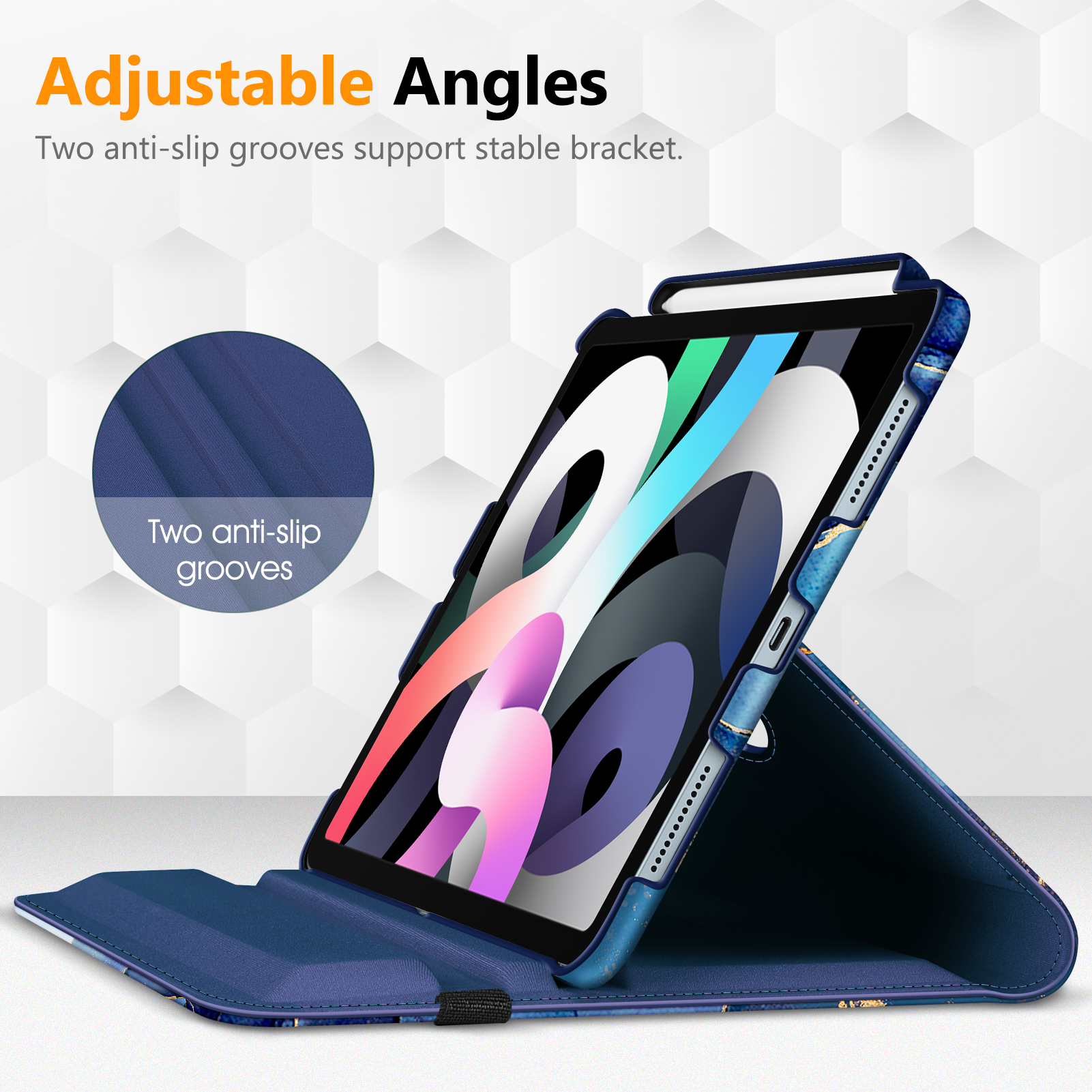 Ein iPad in einer blauen Hülle, offen, aufgestellt. Die Hülle ist marmoriert. Text: 'Verstellbare Winkel'.
