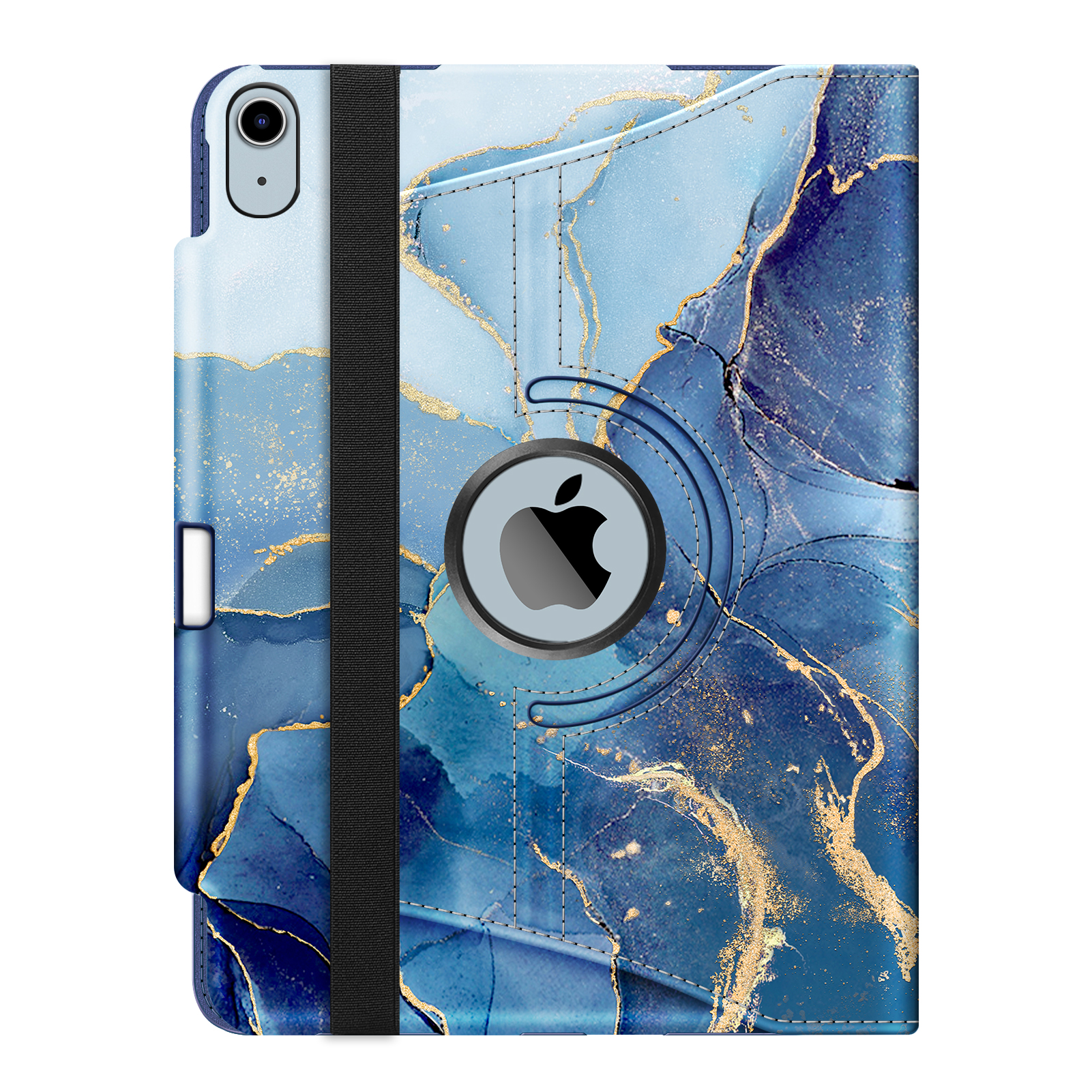 Blau-goldenes Tablet-Case mit Marmormuster und schwarzem Riemen. Apple-Logo zentriert. Tablet-Kamera sichtbar.