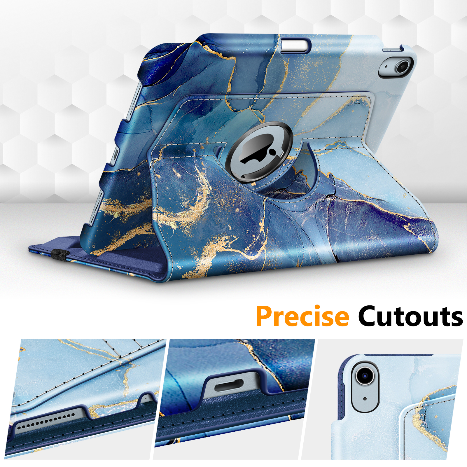 Blau-goldenes Marmor-Design-Tabletetui mit präzisen Aussparungen. Das Tablet steht.