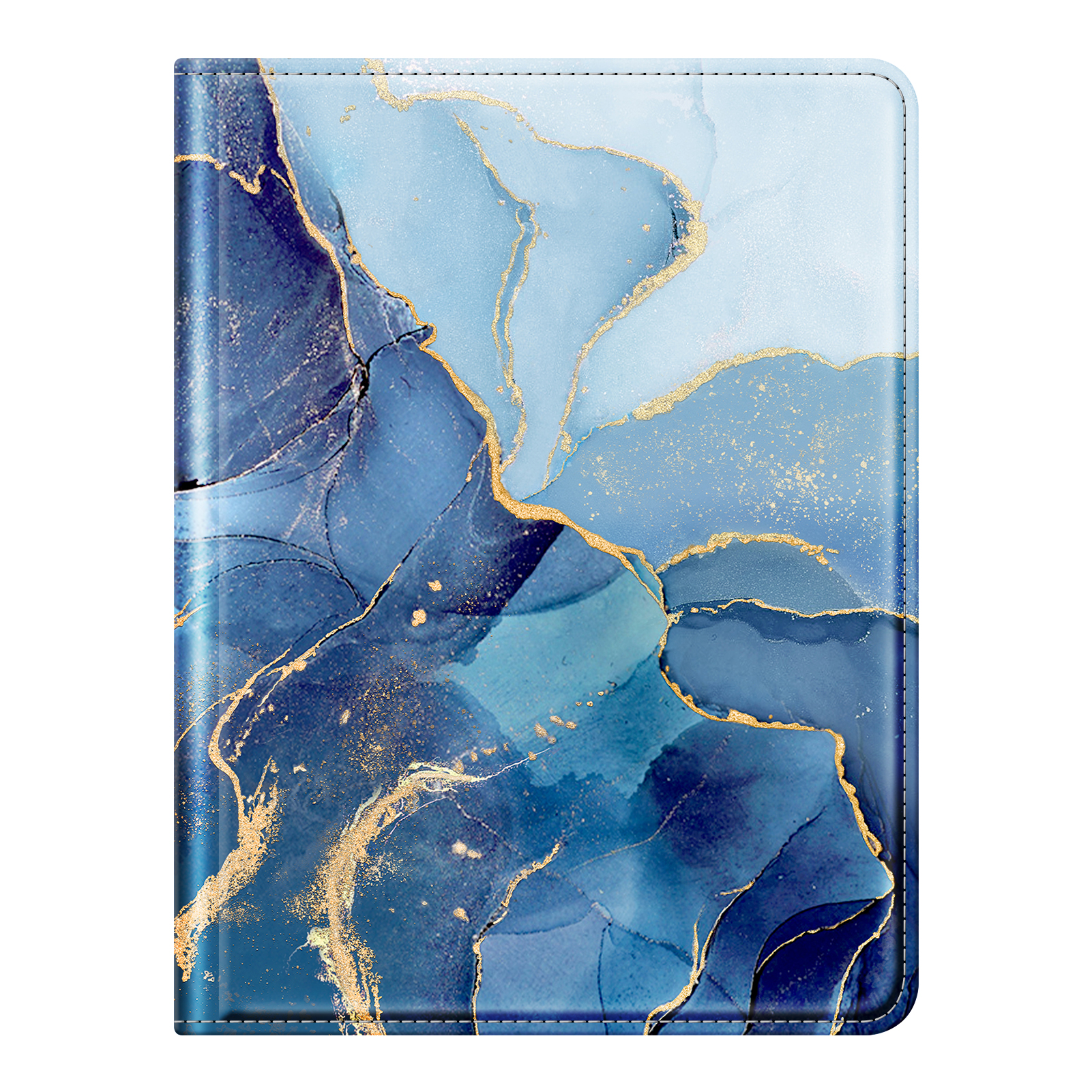 Eine Tablet-Hülle mit blauem und goldenem Marmormuster. Die Abdeckung hat einen genähten Rand. Die Farben sind Blau- und Goldtöne.