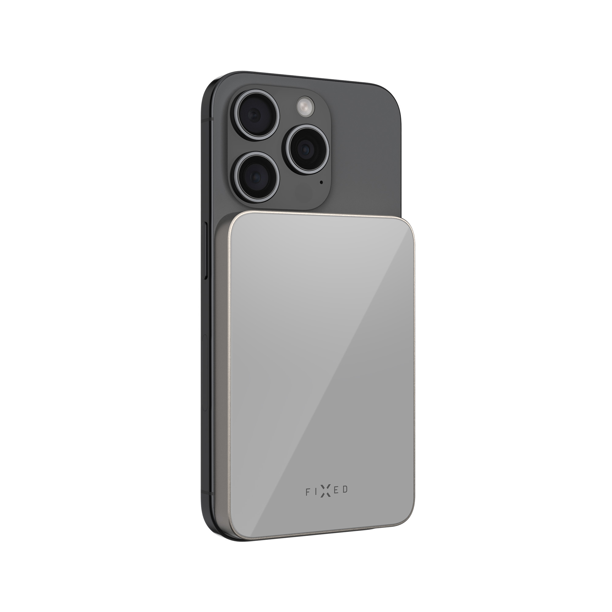 Ein Smartphone mit einem silbernen magnetischen Ladegerät. Das Telefon hat einen schwarzen Rahmen und drei Kameras.