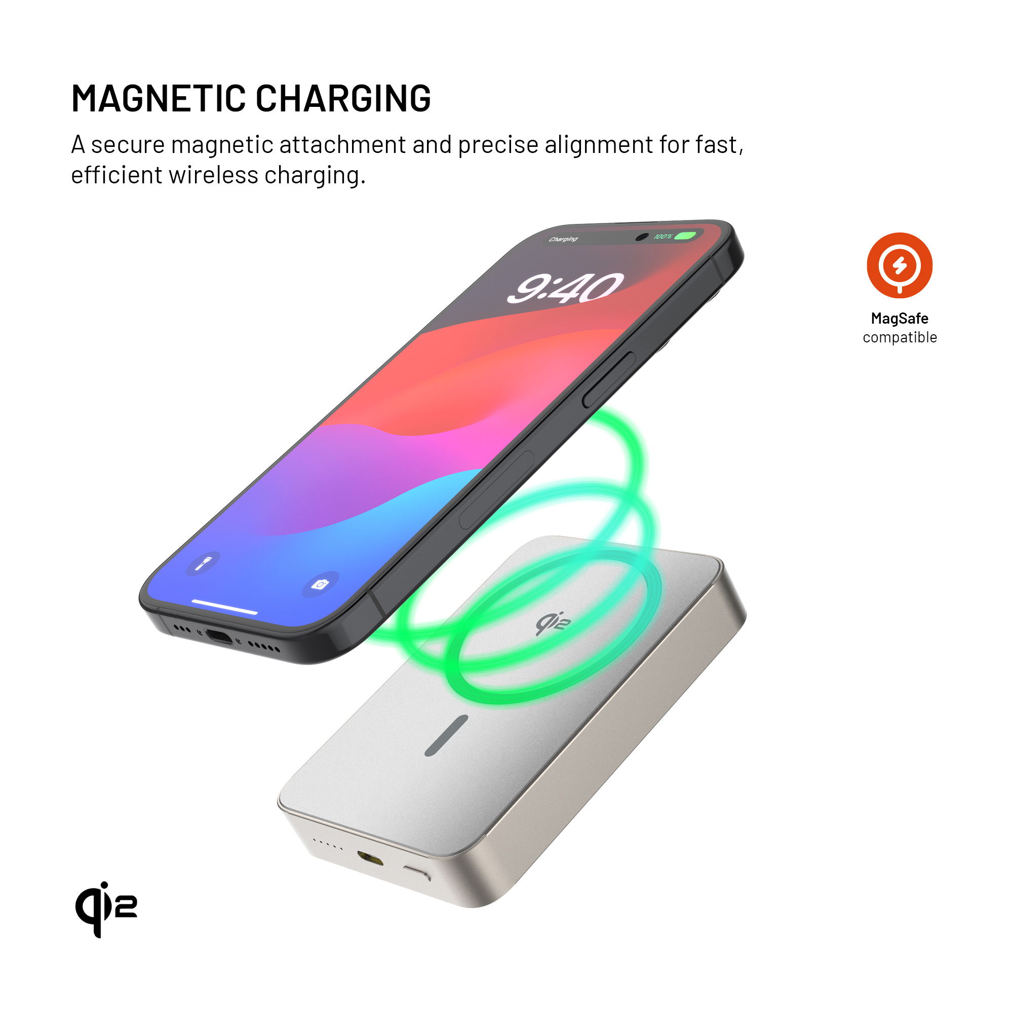 Ein Telefon, das drahtlos über einem silbernen Ladepad geladen wird. Grüne Energieringe verbinden sie. Ein MagSafe-Symbol ist sichtbar.