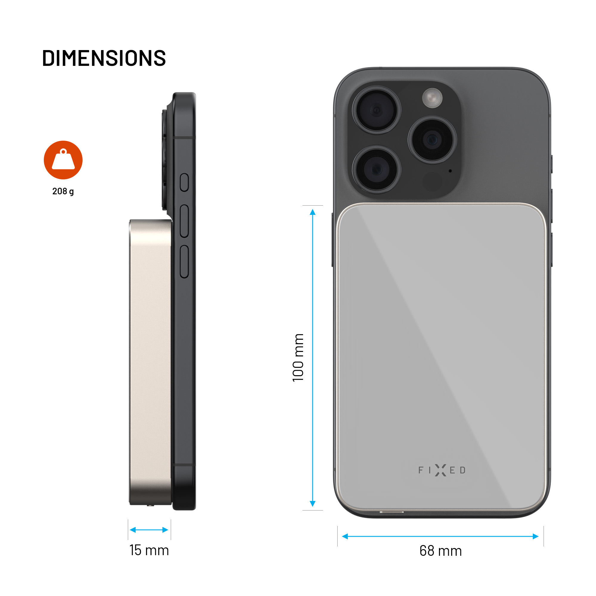 Ein iPhone mit einem daran befestigten magnetischen Ladegerät. Abmessungen werden angezeigt, mit den Maßen 100 mm x 68 mm und 15 mm Dicke. Das Gewicht beträgt 208 g.
