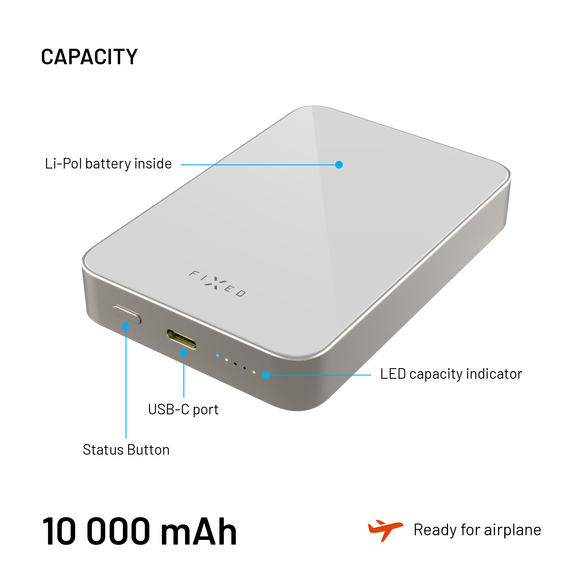 Eine weiße Powerbank mit silbernem Rahmen. Zu den Merkmalen gehören ein USB-C-Anschluss, eine LED-Kapazitätsanzeige und eine Statustaste. Sie hat 10000 mAh.