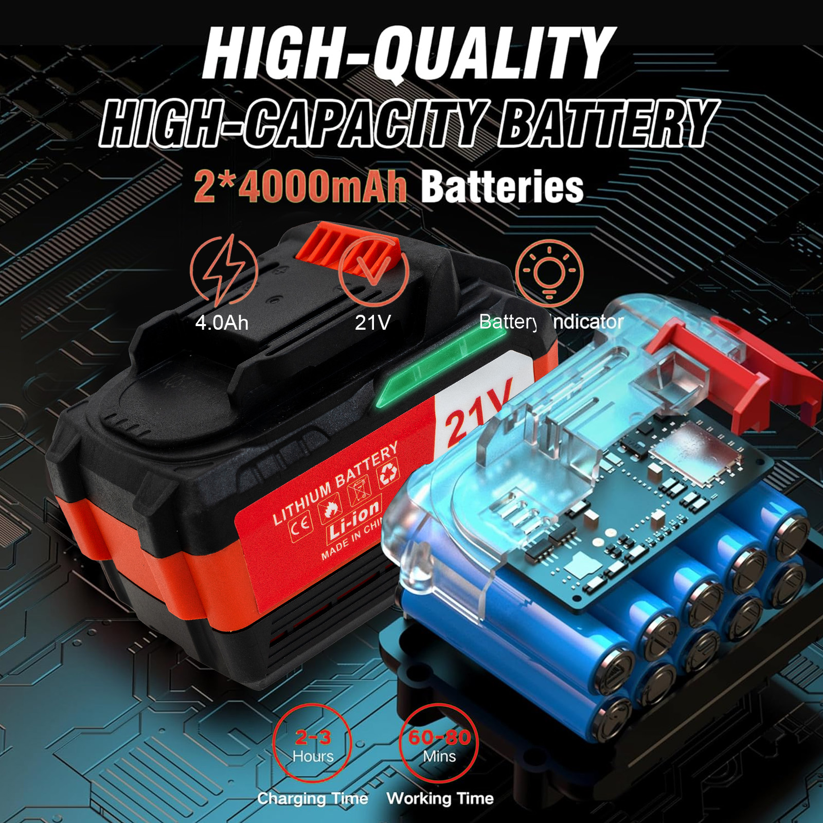 L'immagine mostra due batterie al litio con specifiche: 4,0 Ah, 21 V. Include anche i dettagli dei tempi di carica e di lavoro.